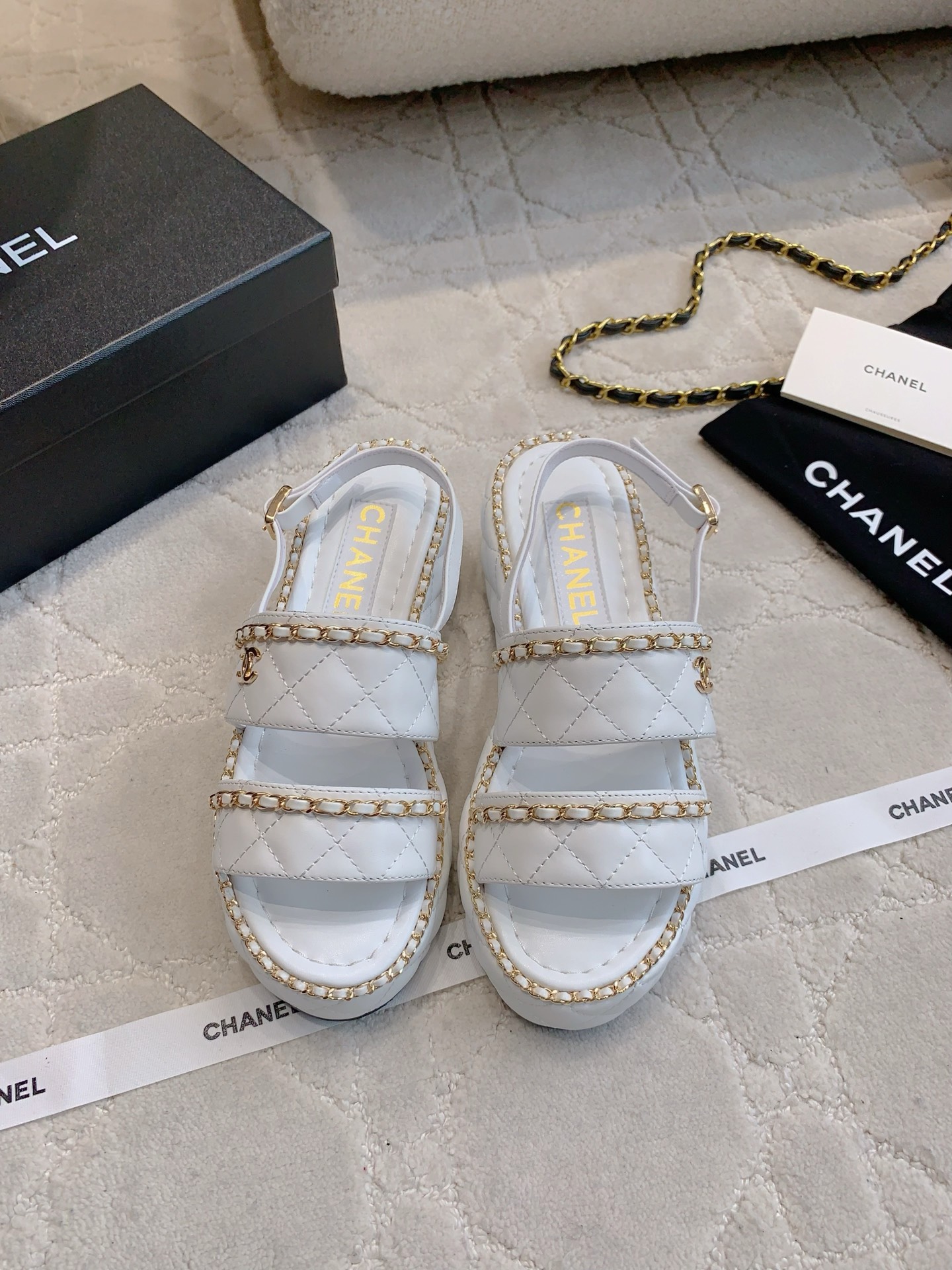 Chanel White Quilted Leather Chain Platform Sandals Size 35-39 (40-41 Custom) 3 i1750137605088 8075 0 0