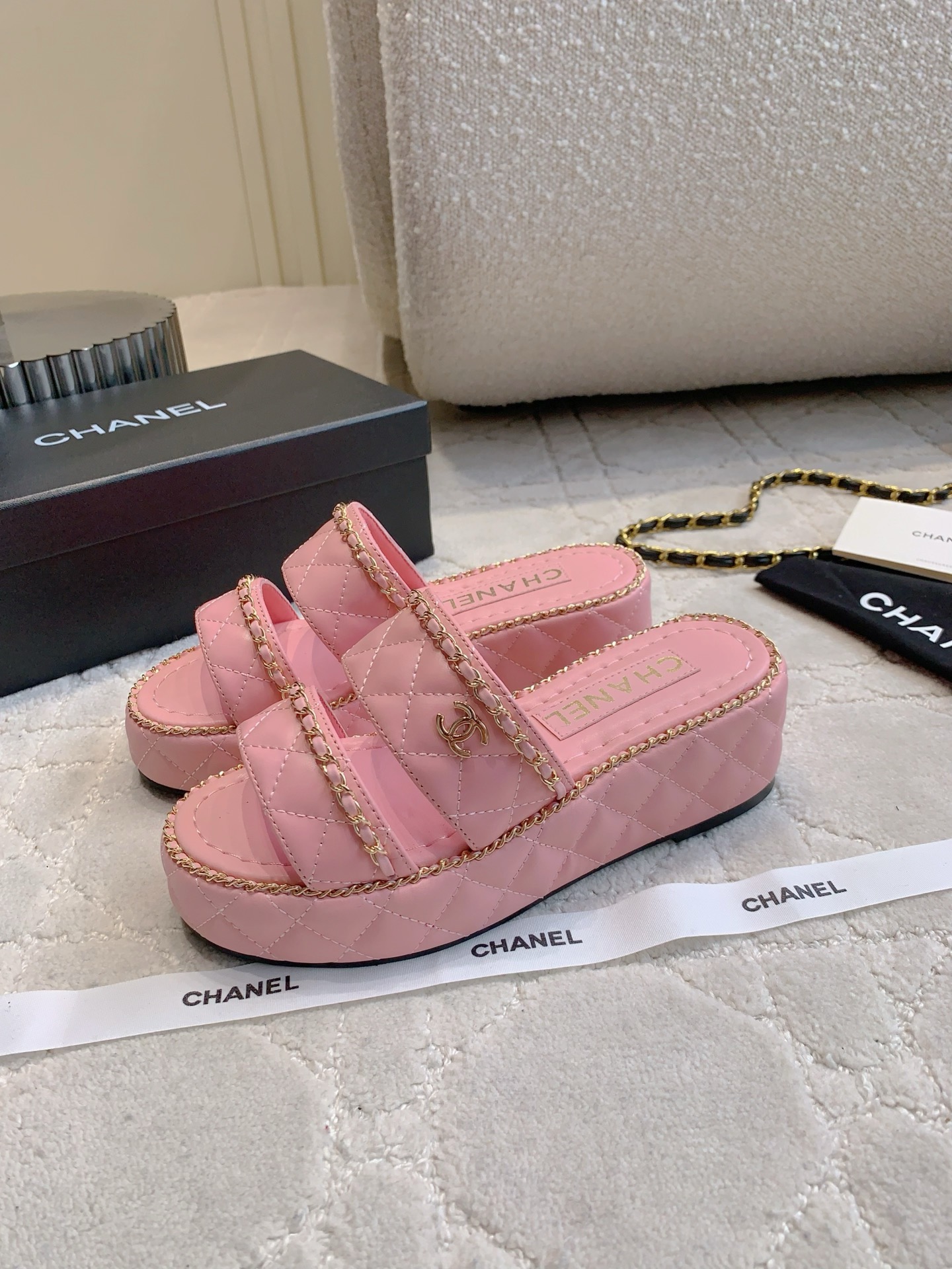 Chanel Pink Quilted Leather Chain Platform Sandals Slides, Women Size 35-39