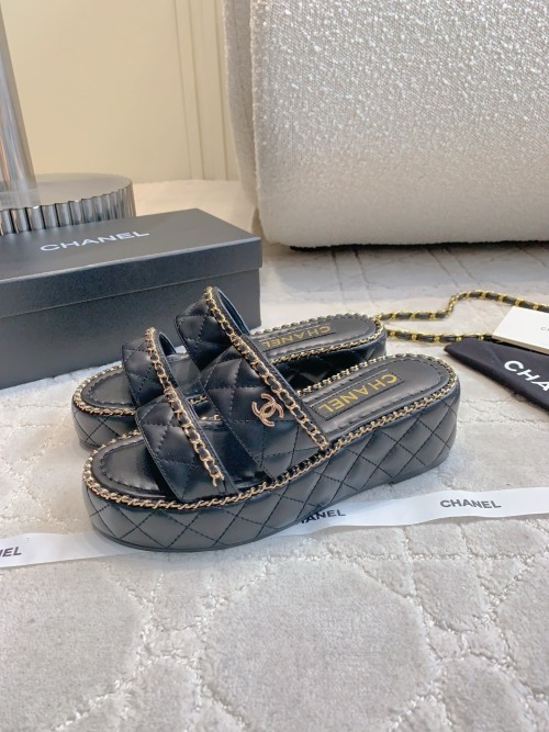 Chanel Chain Quilted Platform Sandals, Lambskin Leather, Black, Women 1 Chanel Chain Quilted Platform Sandals, Lambskin Leather, Black, Women