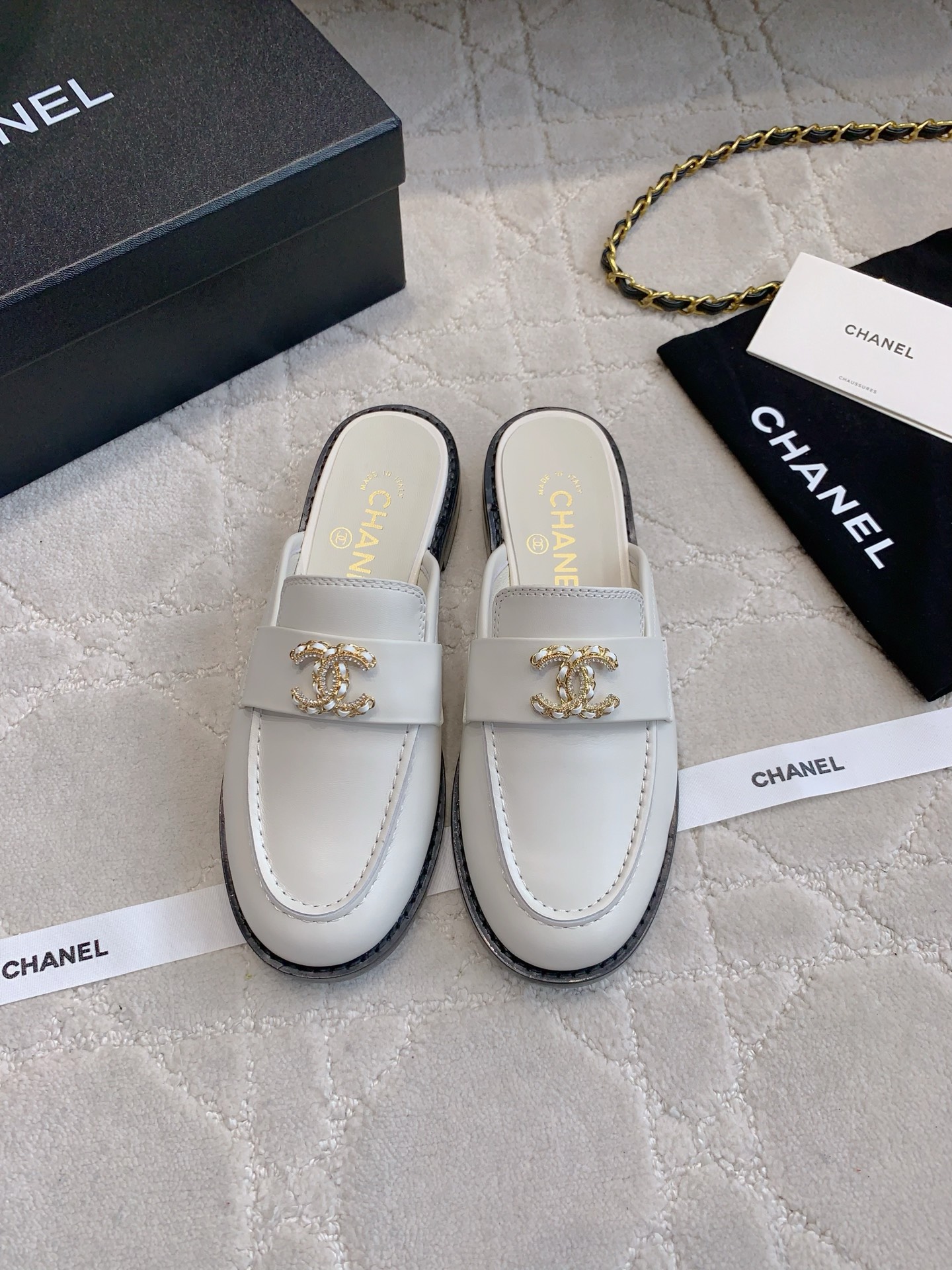 Chanel Women's Leather Loafer Mules with Chain Detail - Classic Style