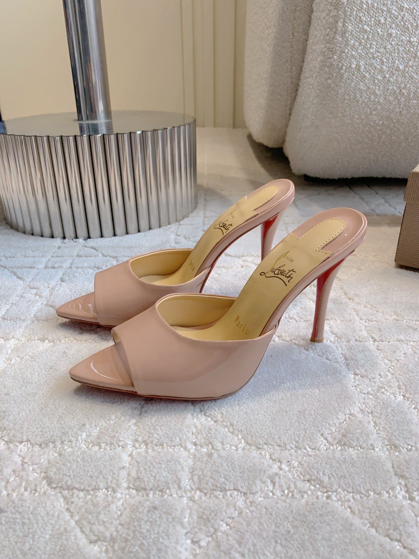Christian Louboutin’s Sexy Fish-Sniffled Slipper with Sheep-Skin Inside, 10cm High
