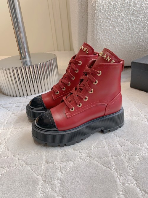 Chanel Women's Red Leather Ankle Boots with Logo Detailing - Classic Style 1 Chanel Women's Red Leather Ankle Boots with Logo Detailing - Classic Style