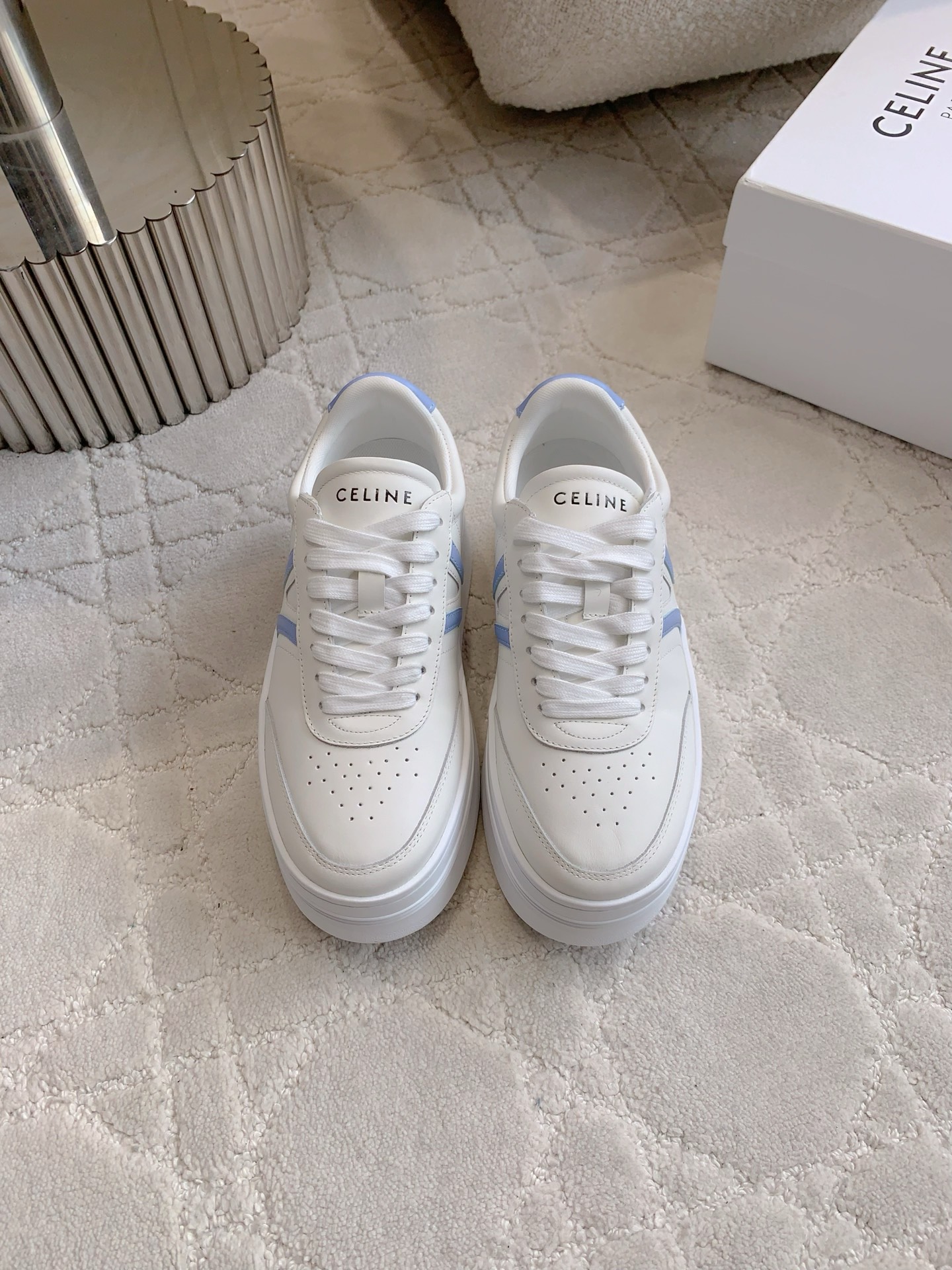Celine CR-03 Runner Sneakers, White Leather, Lace-up, Women's Fashion Shoes
