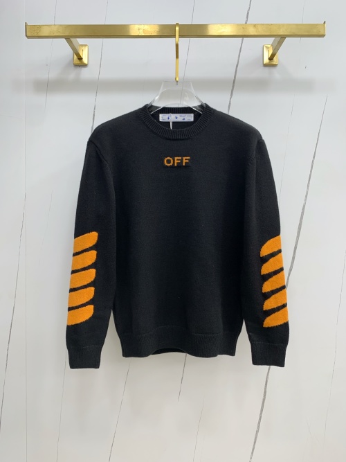Off-White Men's Black Wool Sweater with Orange Arm Stripe Detail 1 Off-White Men's Black Wool Sweater with Orange Arm Stripe Detail