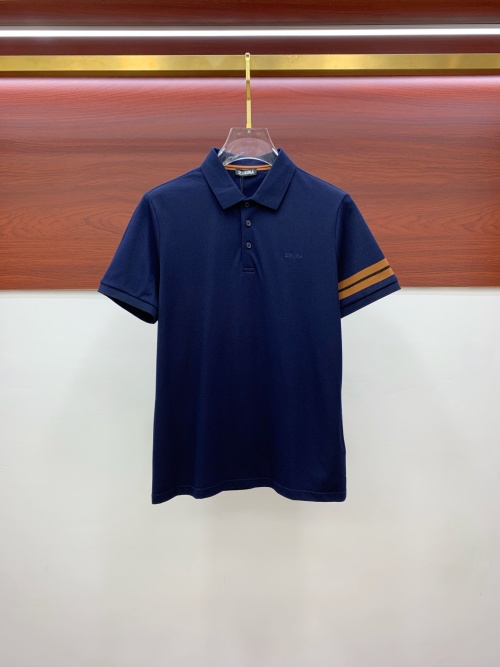 Zegna Men's Navy Blue Polo Shirt with Striped Sleeves - Classic Fit 1 Zegna Men's Navy Blue Polo Shirt with Striped Sleeves - Classic Fit