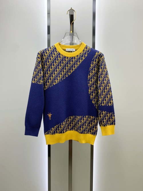 Dior Women's Wool Blend Sweater - Blue and Gold Logo Pattern, Ribbed Trim 1 Dior Women's Wool Blend Sweater - Blue and Gold Logo Pattern, Ribbed Trim