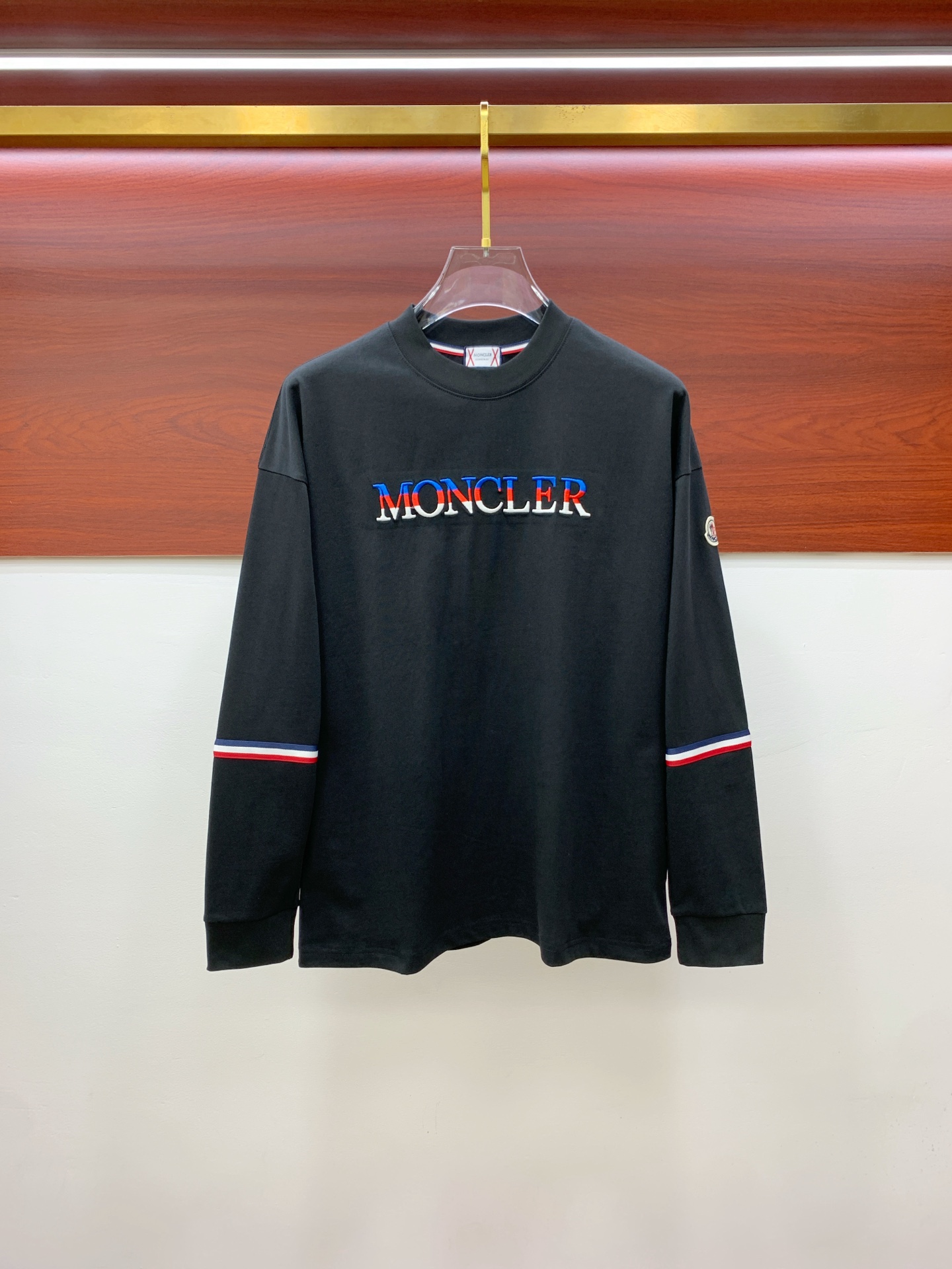 Moncler Men's Black Long Sleeve T-Shirt with Logo and Striped Cuffs