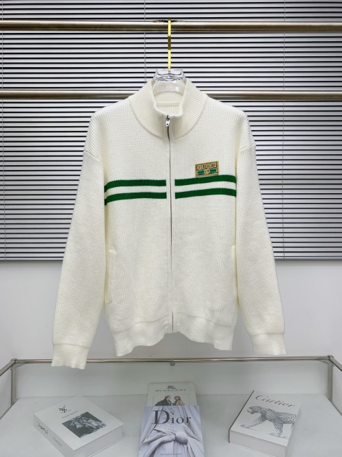 Gucci Wool Knit Cardigan Sweater White with Green Stripes and Logo 1 Gucci Wool Knit Cardigan Sweater White with Green Stripes and Logo