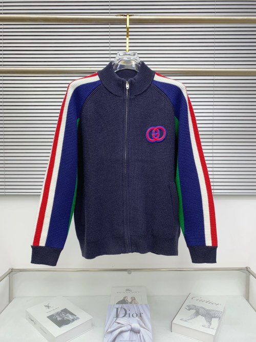 Gucci Wool Knit Cardigan Sweater with Striped Sleeves and GG Logo 10 Gucci Wool Knit Cardigan Sweater with Striped Sleeves and GG Logo
