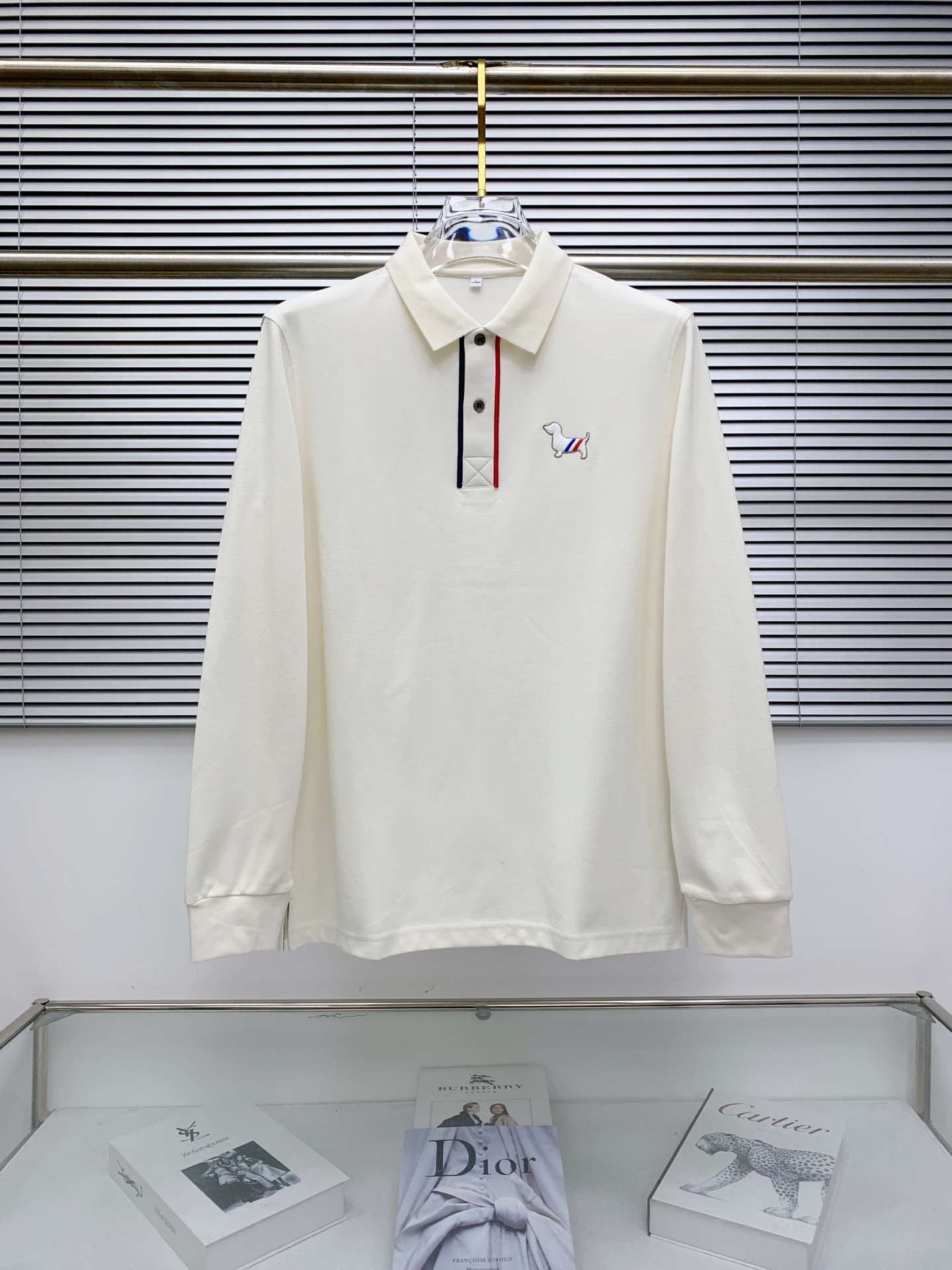 Thom Browne Men's Classic Fit Long Sleeve Polo Shirt with Dog Embroidery
