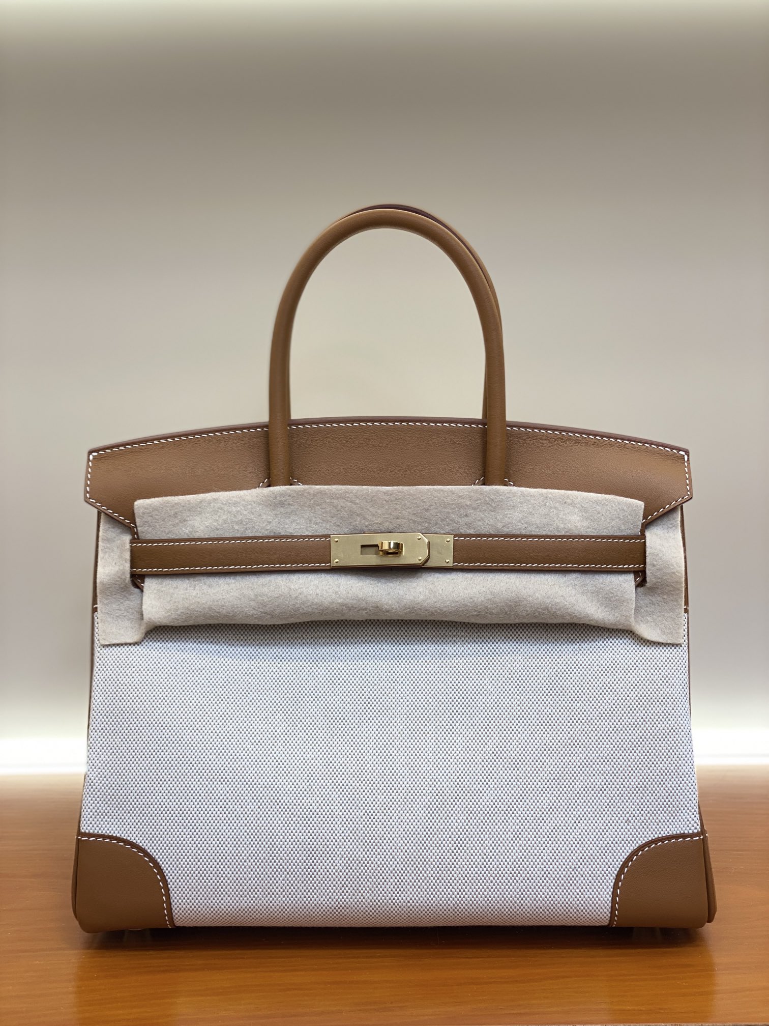 Birkin 25/30cm Pre-Owned Gold & Silver Hardware,Swift Leather & Canvas Bag 16 i1730254388 3648 8