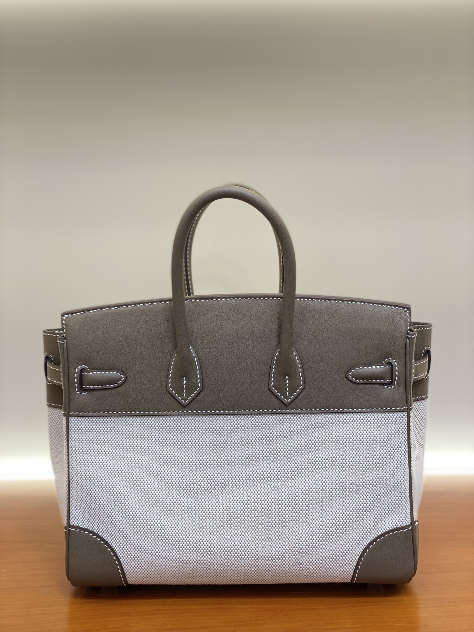 Birkin 25/30cm Pre-Owned Bag, Swift Leather & Canvas, Elephant Gray, Gold/Silver Hardware 3 i1730255157 423 1