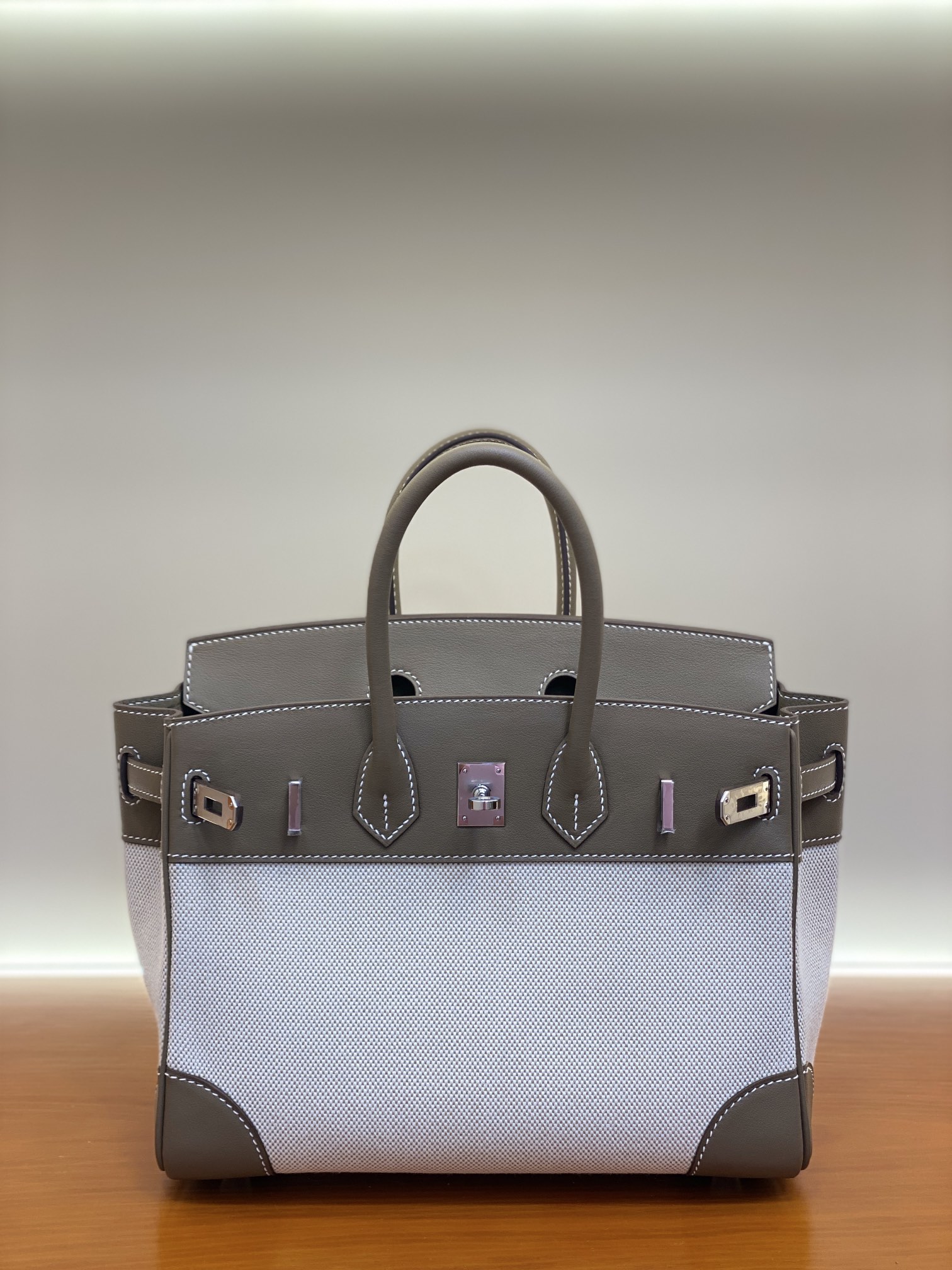 Birkin 25/30cm Pre-Owned Bag, Swift Leather & Canvas, Elephant Gray, Gold/Silver Hardware 1 i1730255158 2863 8