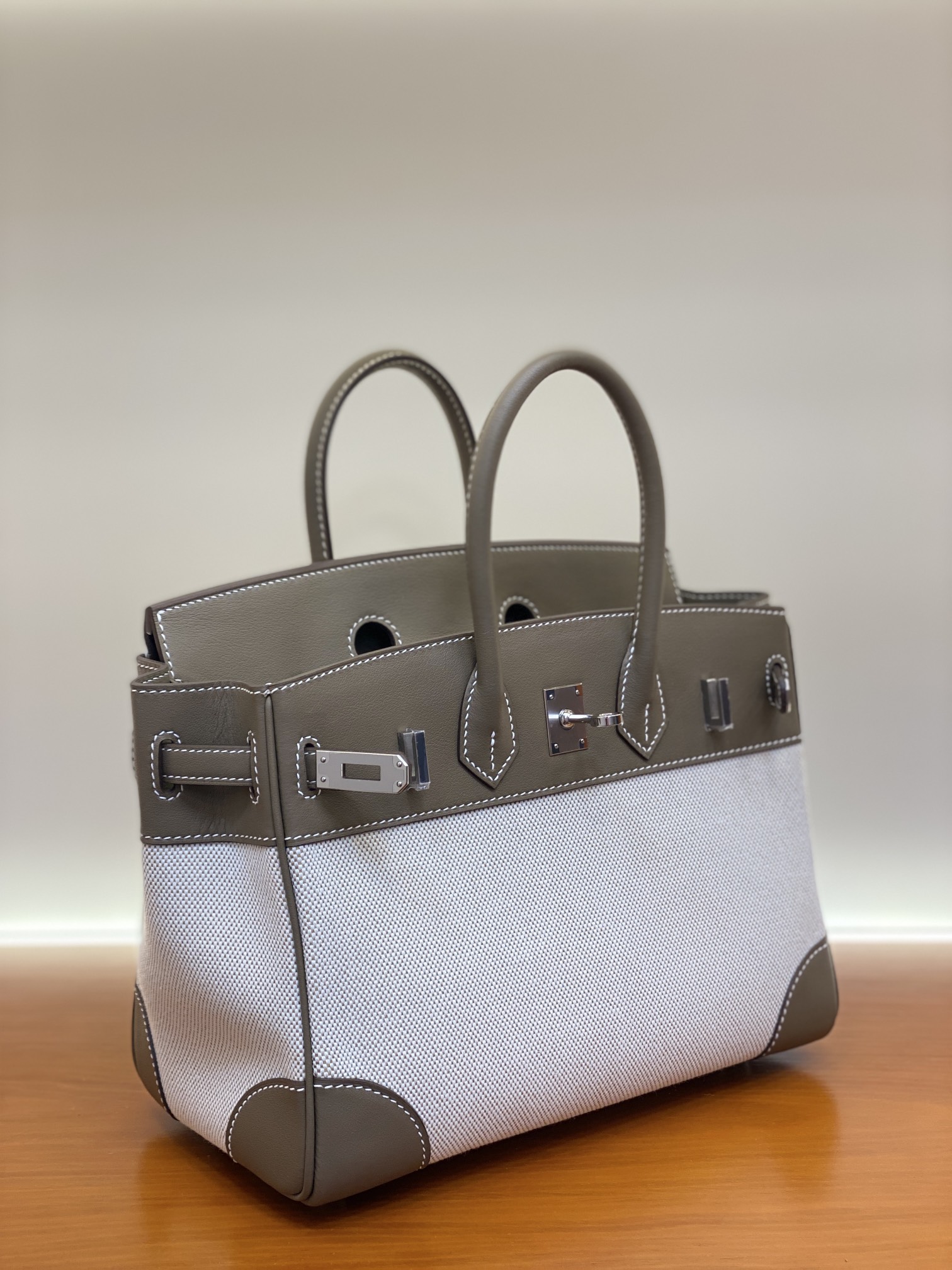 Birkin 25/30cm Pre-Owned Bag, Swift Leather & Canvas, Elephant Gray, Gold/Silver Hardware 12 i1730255158 8383 6