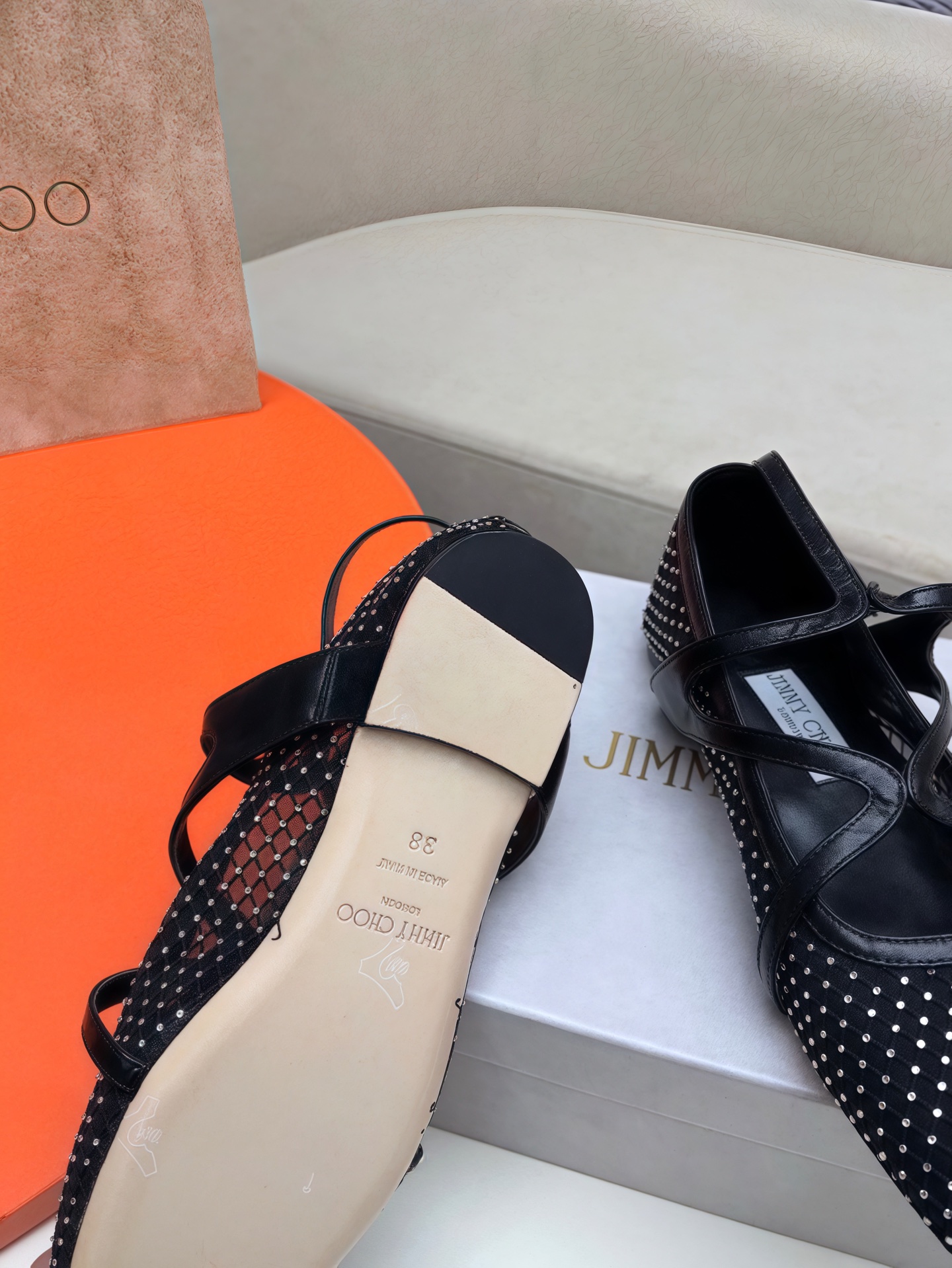 Jimmy Choo ELME FLAT Ballet Shoes: Luxe Black Lambskin, Flash Silver, Net Drill. - 图片 9