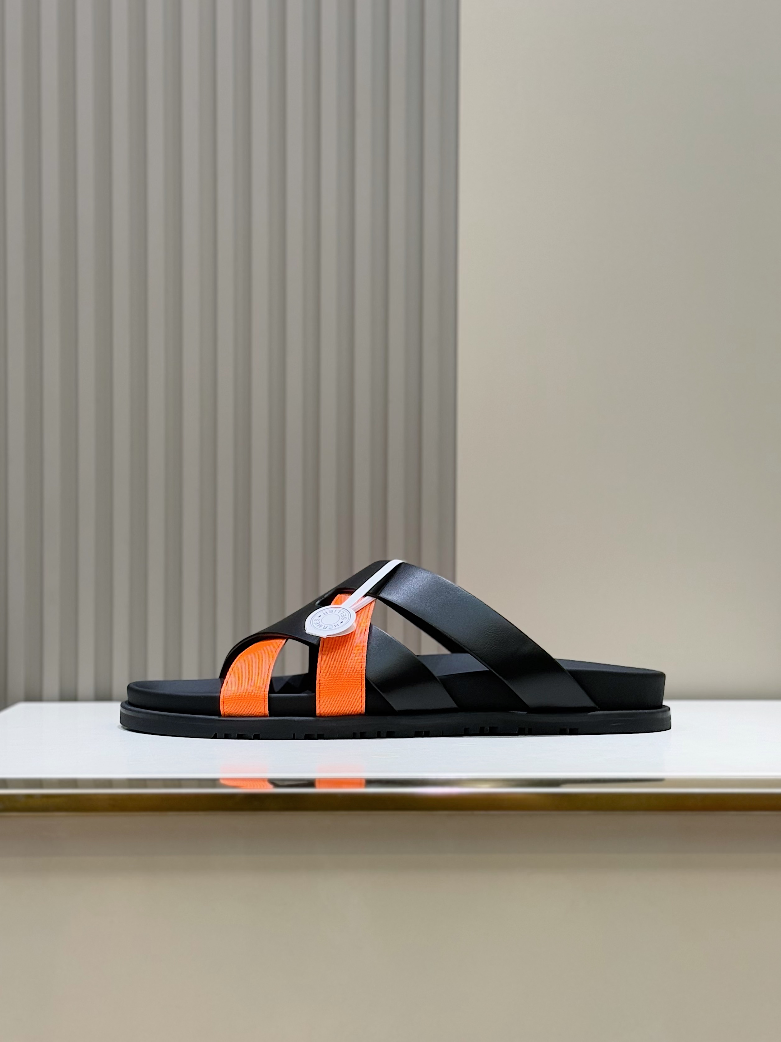 Hermes Men's Kazimir Sandals, Premium Leather Slides in Black and Orange 4 i1741007380374 3371 0 1