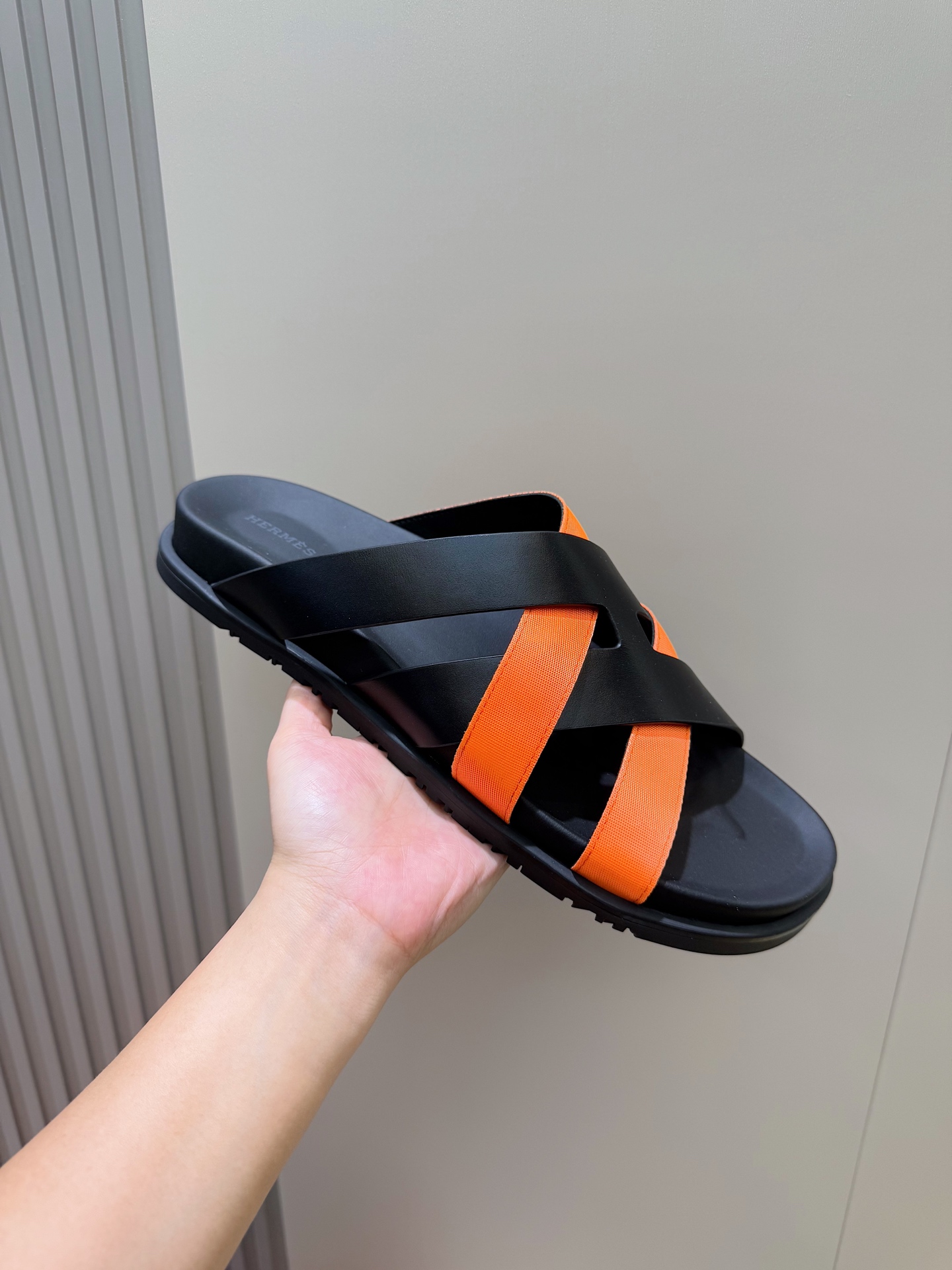 Hermes Men's Kazimir Sandals, Premium Leather Slides in Black and Orange 7 i1741007380615 8637 0 6