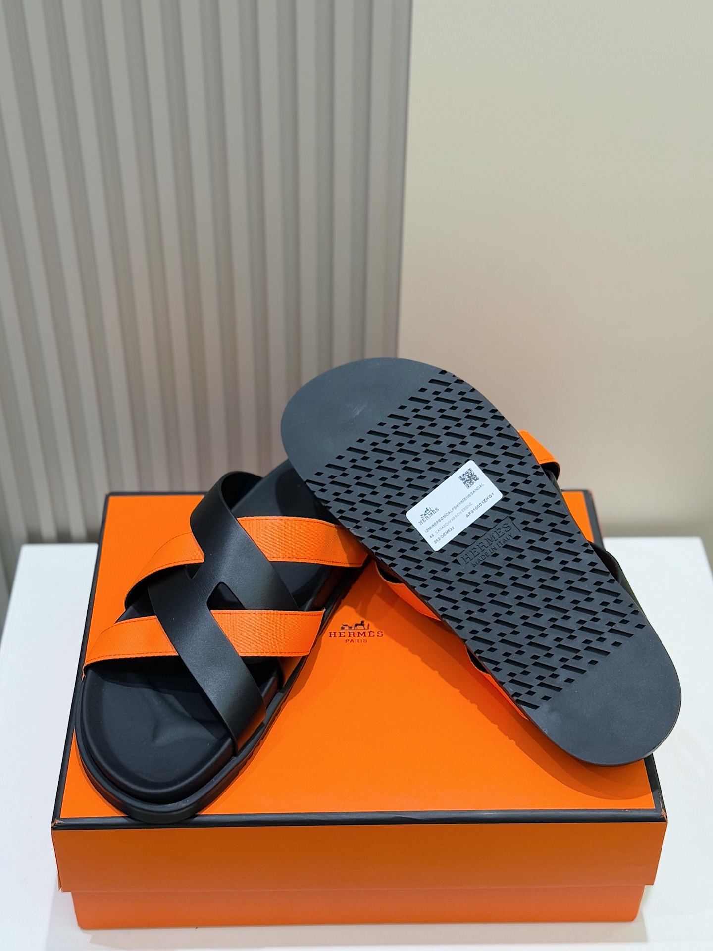 Hermes Men's Kazimir Sandals, Premium Leather Slides in Black and Orange 9 i1741007380616 3714 0 7