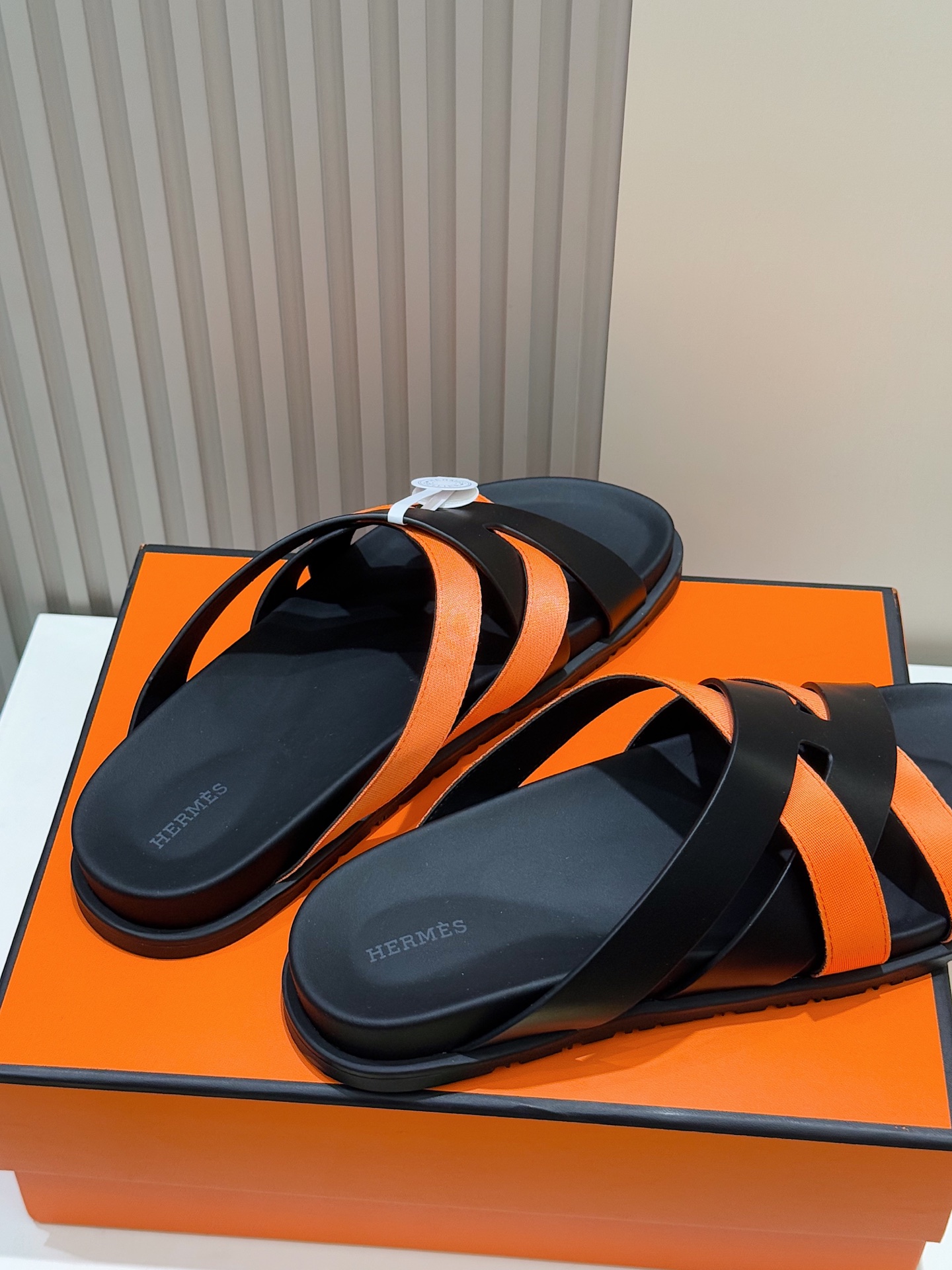 Hermes Men's Kazimir Sandals, Premium Leather Slides in Black and Orange 10 i1741007381350 1565 0 4