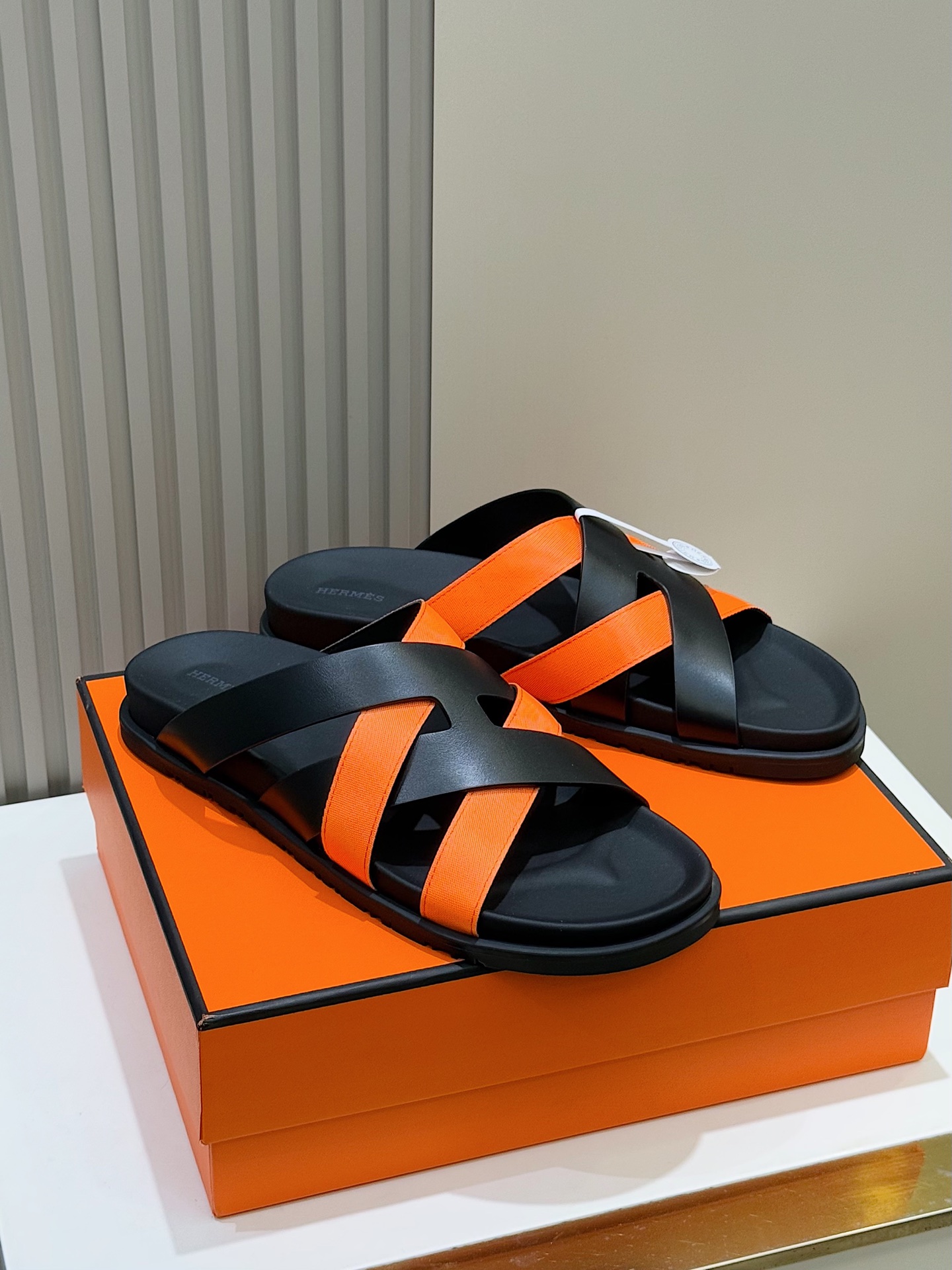 Hermes Men's Kazimir Sandals, Premium Leather Slides in Black and Orange 5 i1741007381360 1524 0 2