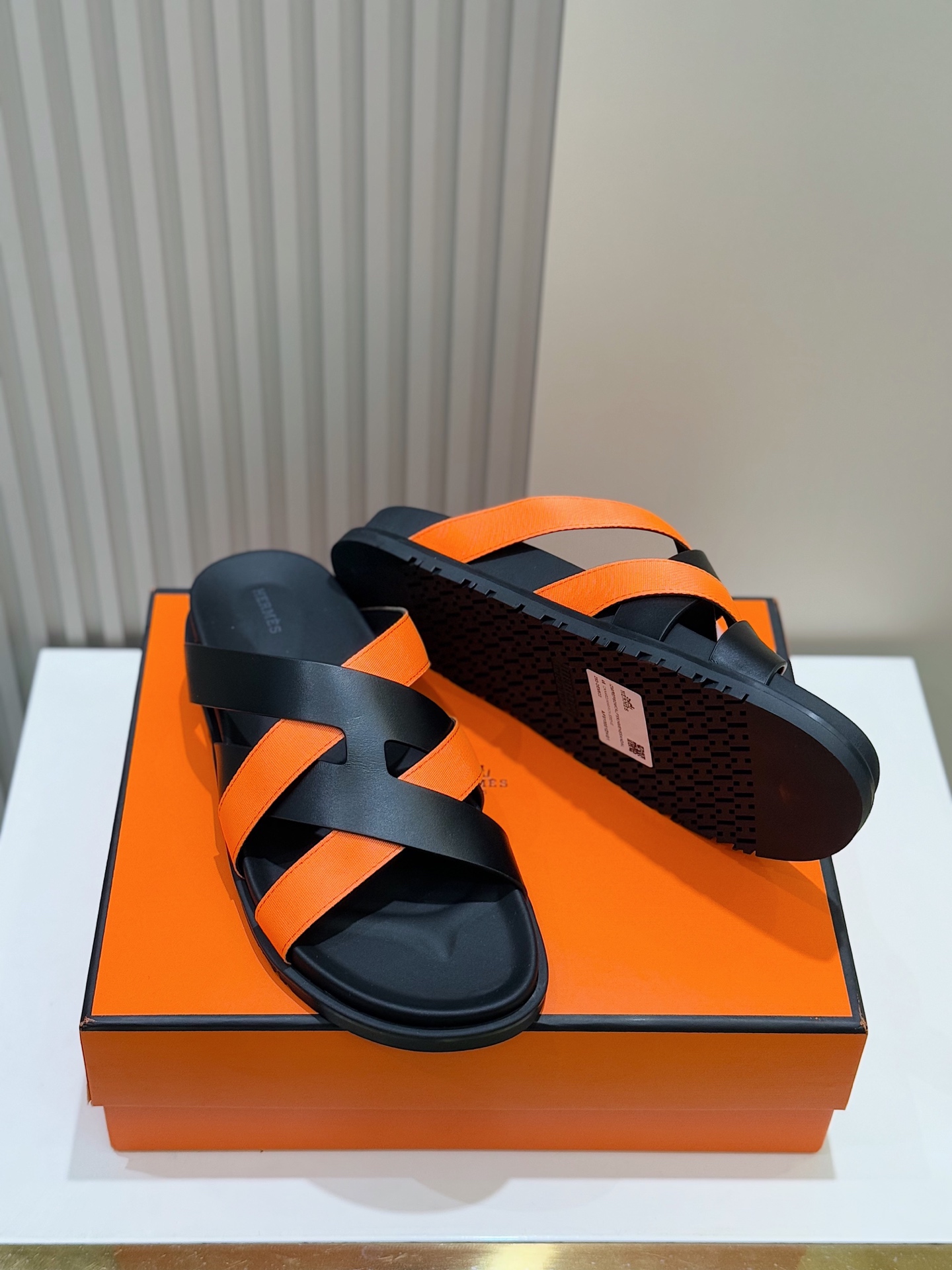 Hermes Men's Kazimir Sandals, Premium Leather Slides in Black and Orange 8 i1741007381378 7901 0 3