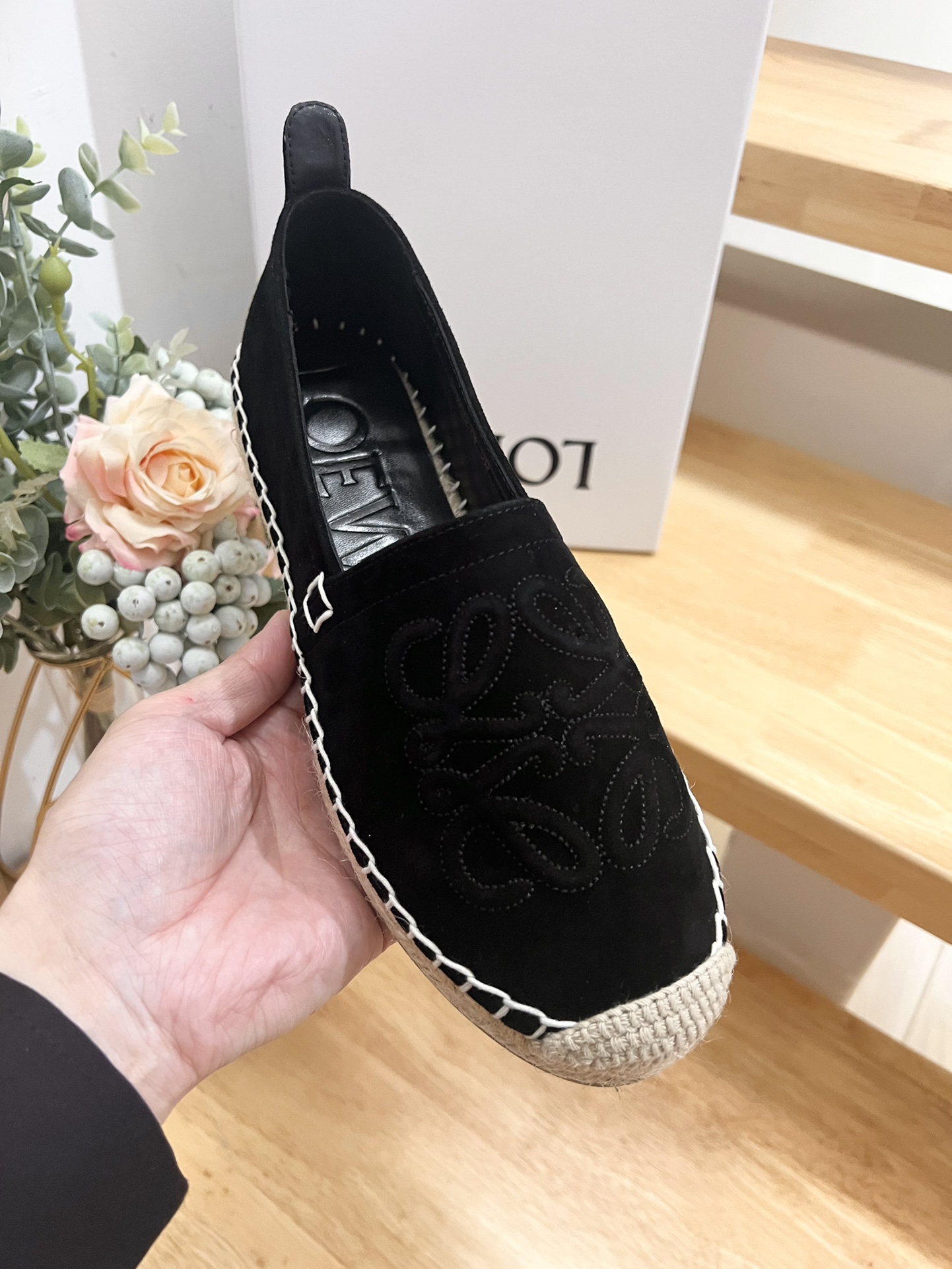 Loewe Women's Black Suede Anagram Espadrille Flats Summer Slip On Shoes 2 i1717488924 5212 0