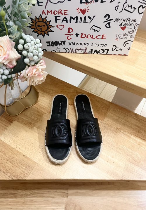 Dolce & Gabbana Leather Espadrille Slides with Embossed Logo - Black 1 Dolce & Gabbana Leather Espadrille Slides with Embossed Logo - Black
