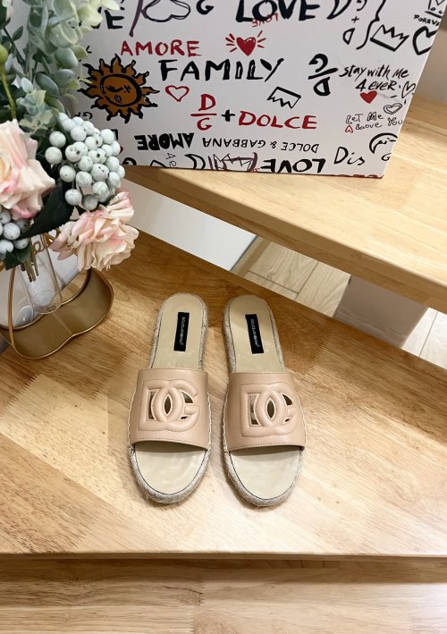 Dolce & Gabbana Espadrille Slides in Beige Leather with Cutout Logo 1 Dolce & Gabbana Espadrille Slides in Beige Leather with Cutout Logo