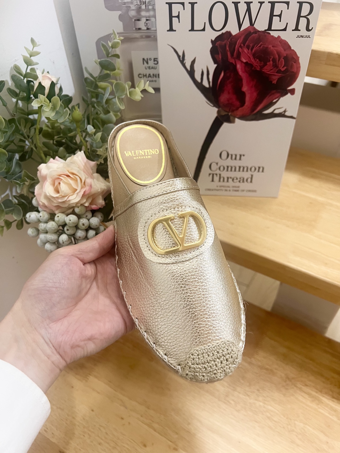 Valentino Garavani Leather V Logo Espadrille Mules,Gold Hardware, Slip-Ons 2 i1744216830447 8582 0 5