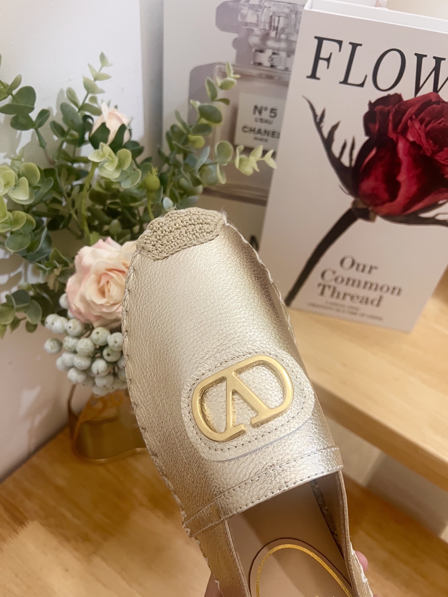 Valentino Garavani Leather V Logo Espadrille Mules,Gold Hardware, Slip-Ons 6 i1744216830499 2163 0 3