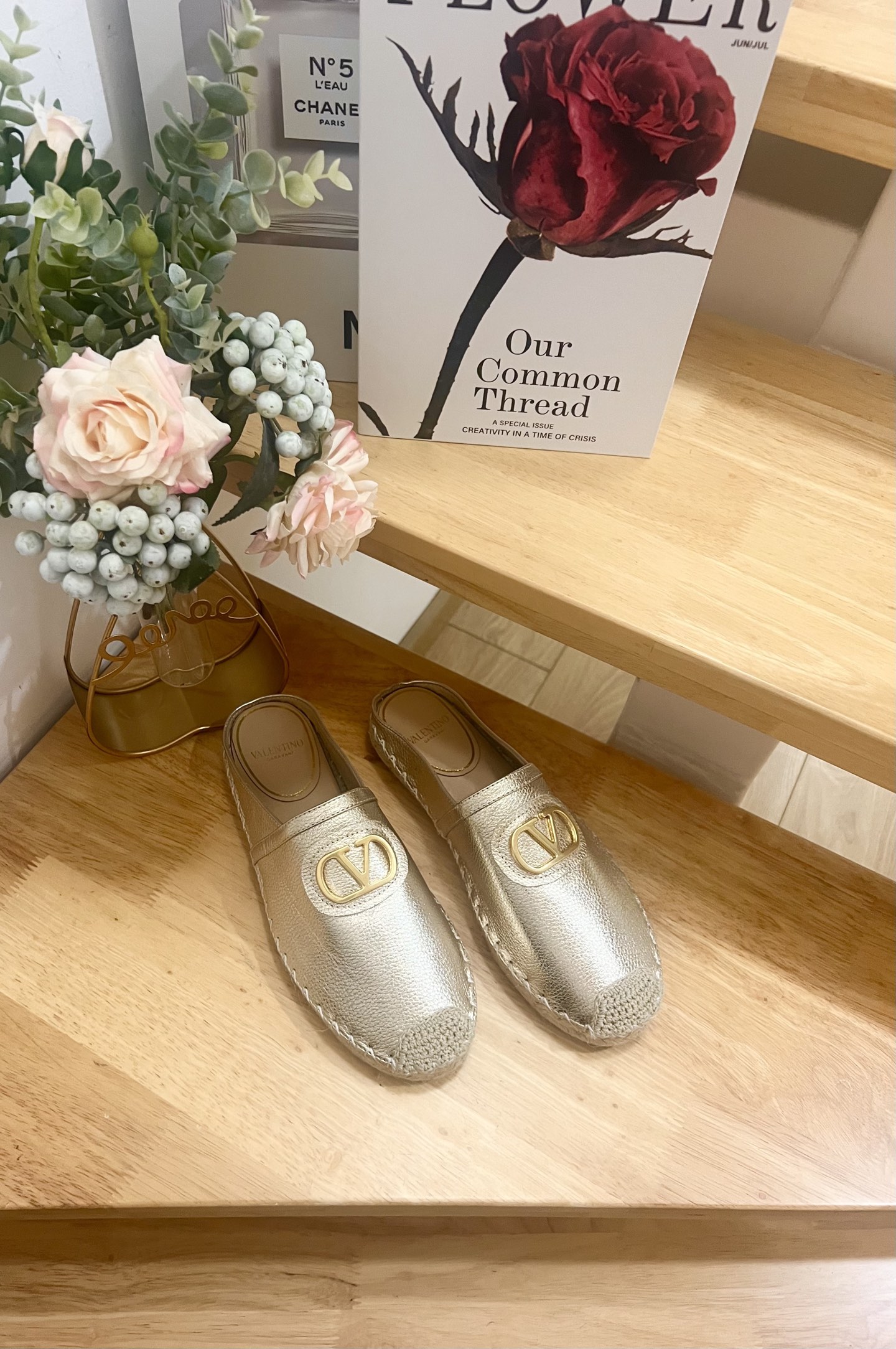 Valentino Garavani Leather V Logo Espadrille Mules,Gold Hardware, Slip-Ons 4 i1744216831112 3095 0 1