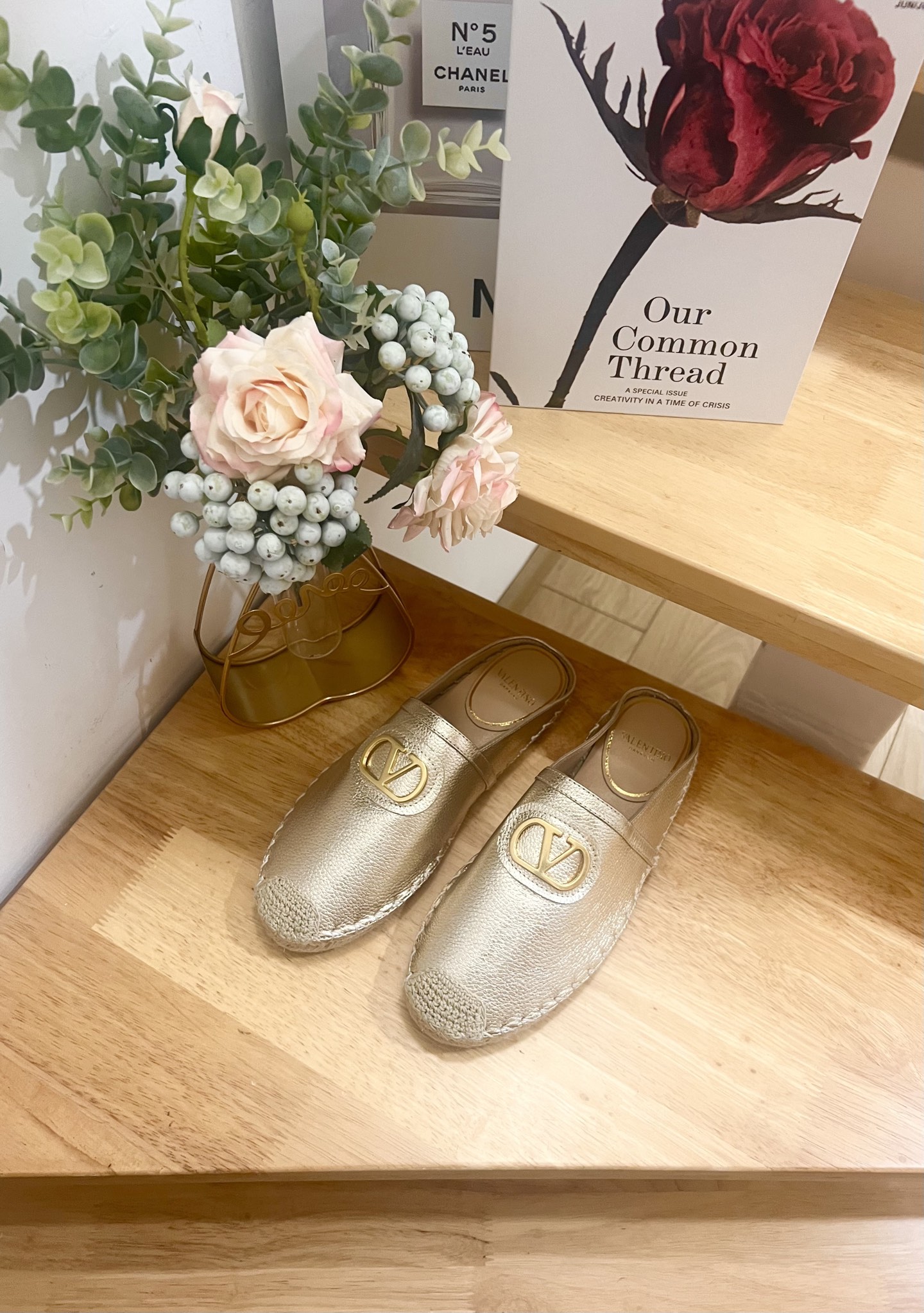 Valentino Garavani Leather V Logo Espadrille Mules,Gold Hardware, Slip-Ons 5 i1744216831678 9501 0 2
