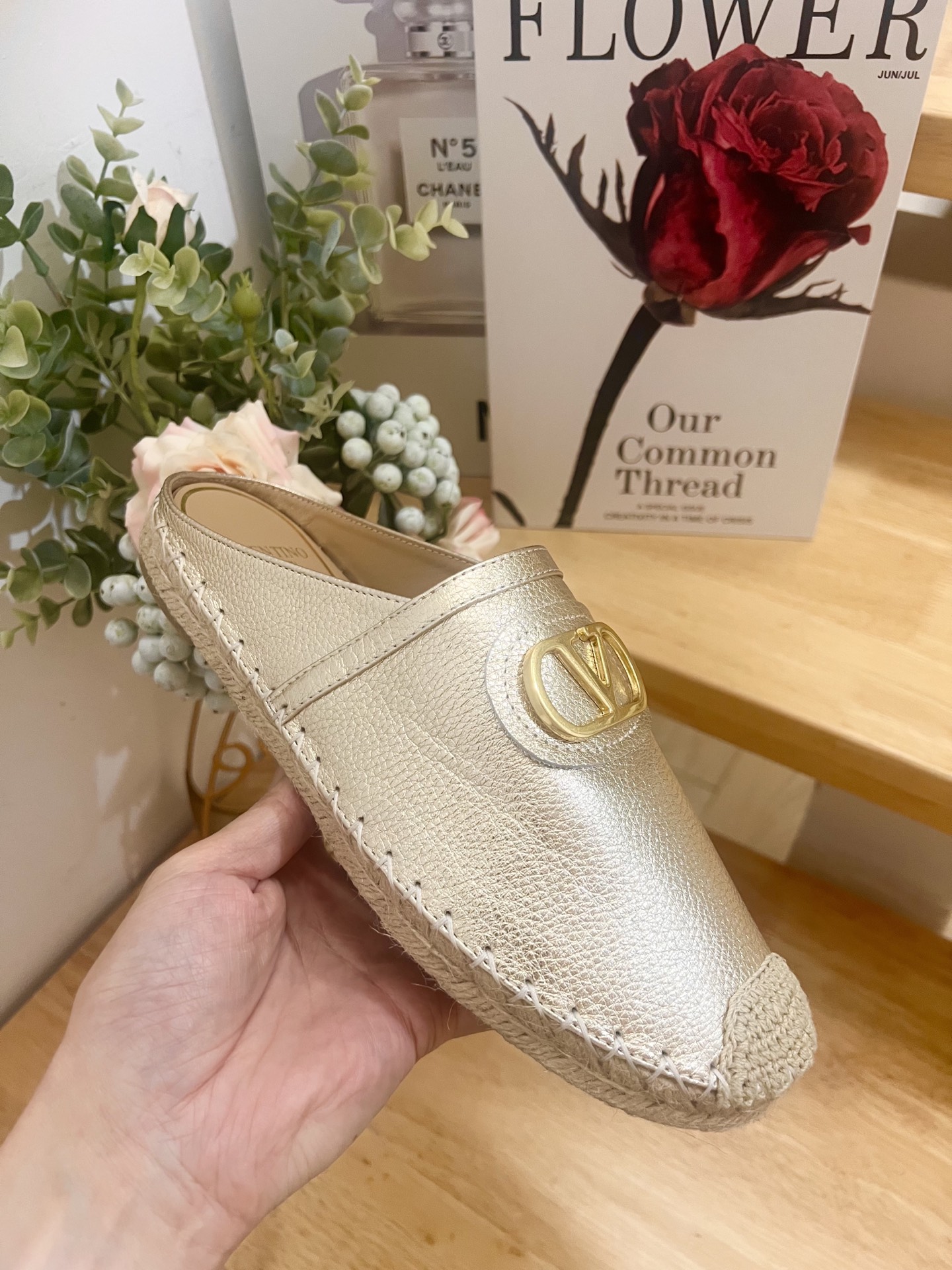 Valentino Garavani Leather V Logo Espadrille Mules,Gold Hardware, Slip-Ons 7 i1744216834488 3191 0 4