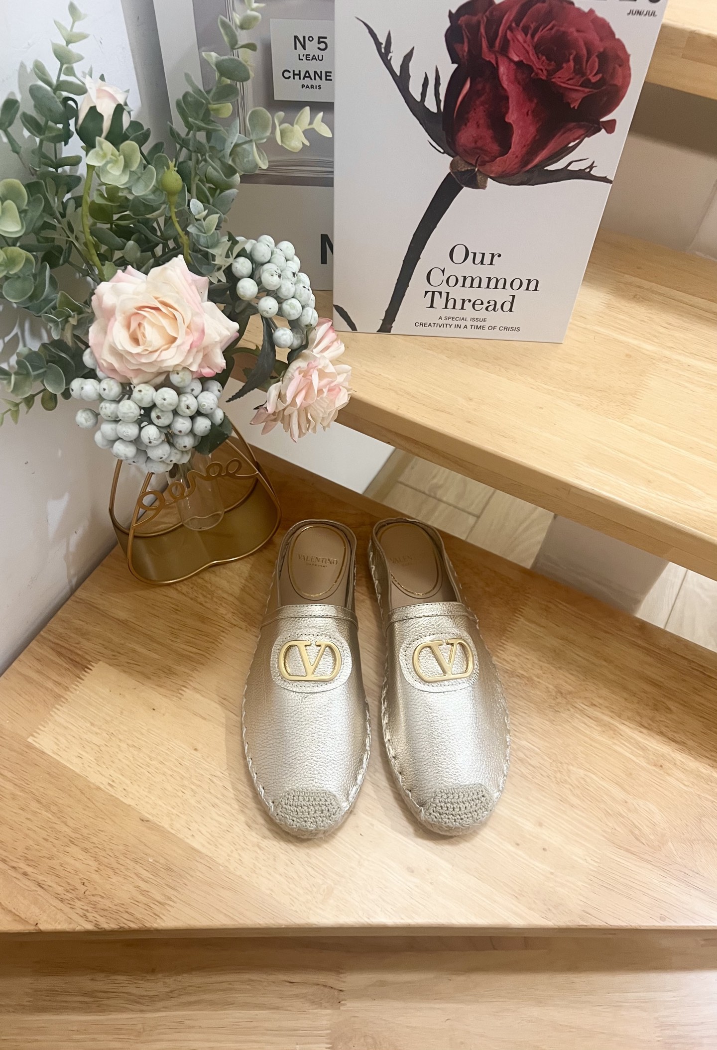 Valentino Garavani Leather V Logo Espadrille Mules,Gold Hardware, Slip-Ons 3 i1744216835152 7342 0 0