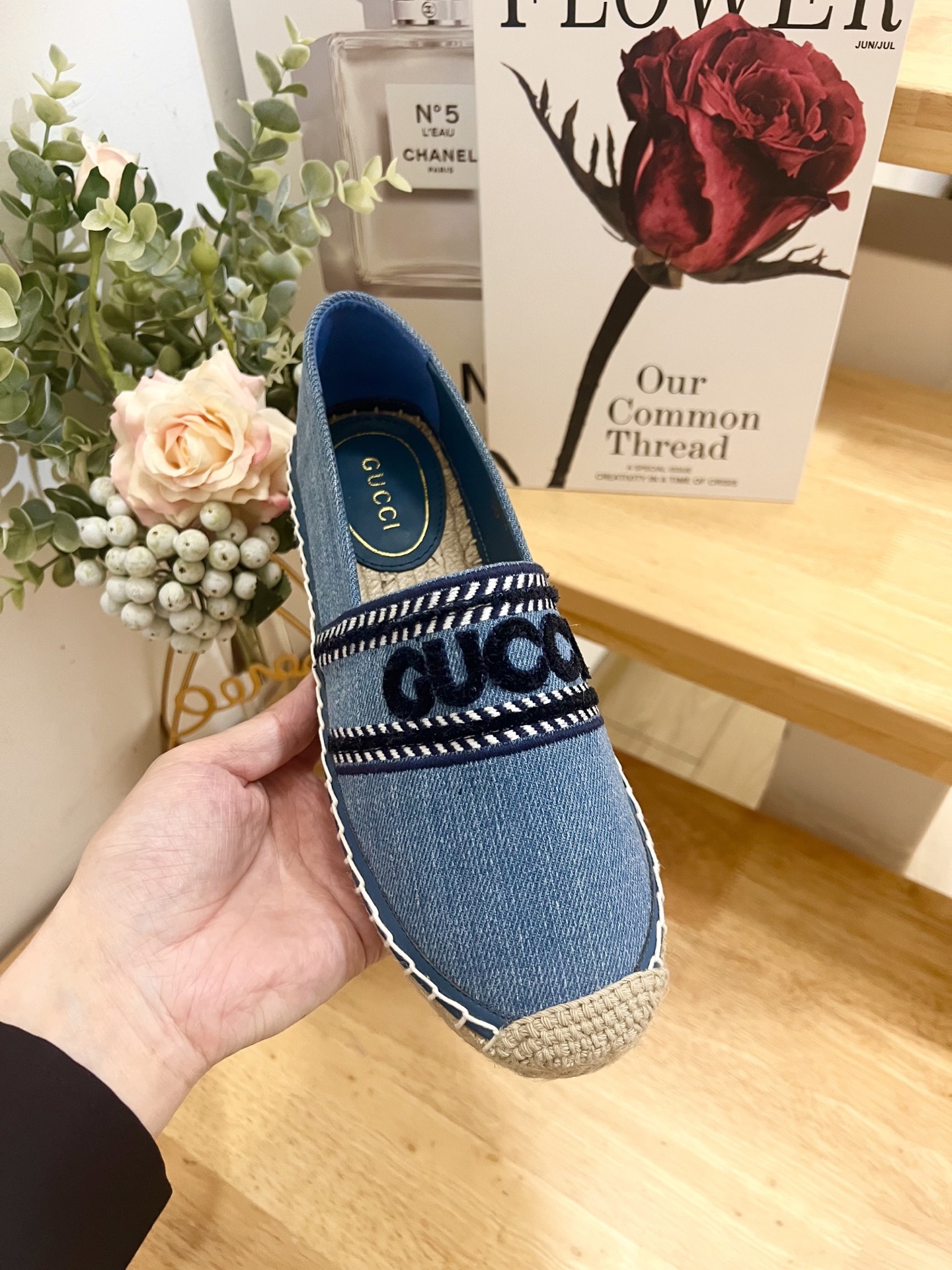 Gucci Ines Denim Espadrilles with Embroidered Appliqué - Slip-on Style 1 Gucci Ines Denim Espadrilles with Embroidered Appliqué - Slip-on Style