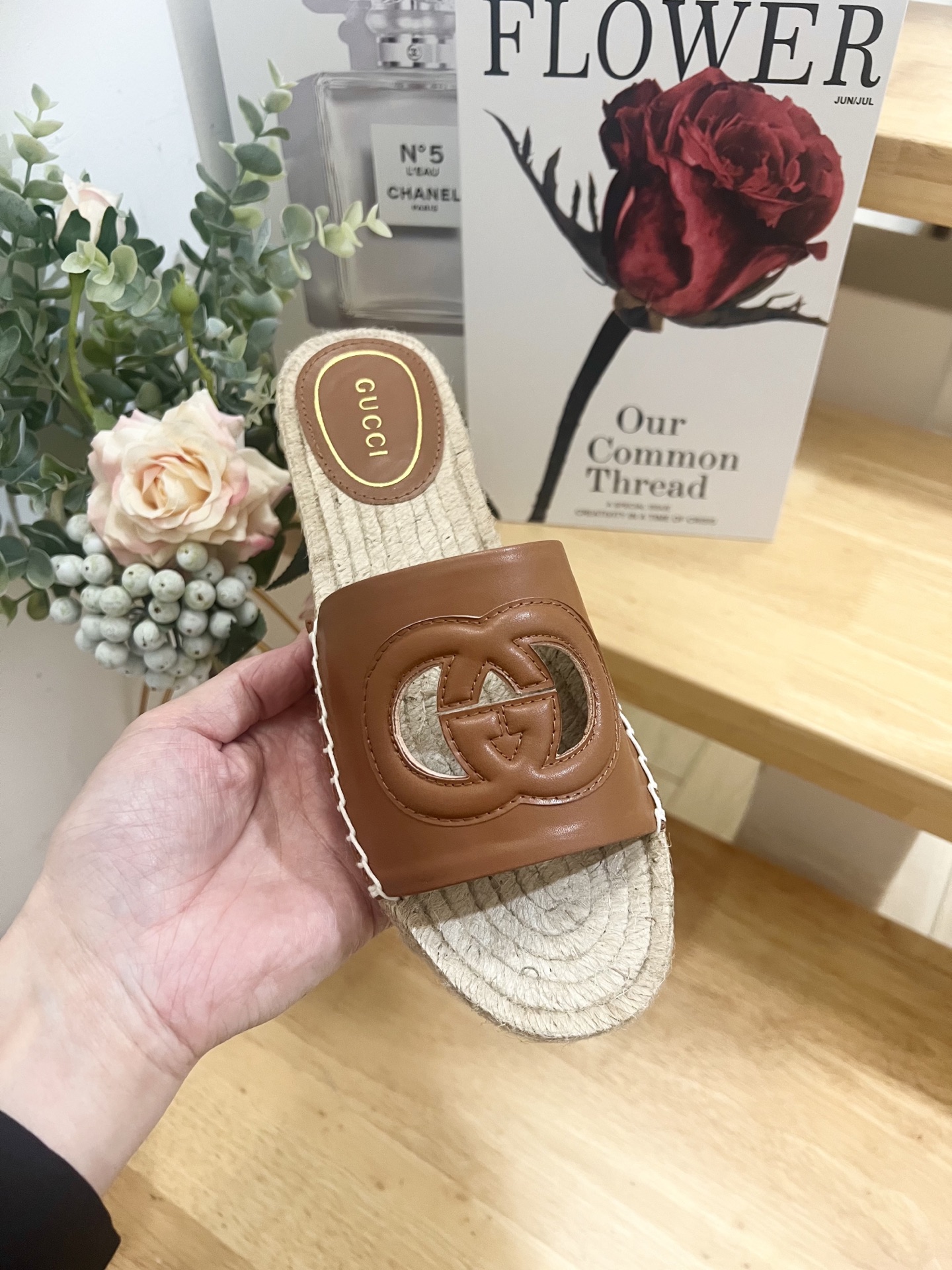 Gucci Interlocking G Cutout Leather & Raffia Espadrille Slides Sandals Brown 1 Gucci Interlocking G Cutout Leather & Raffia Espadrille Slides Sandals Brown