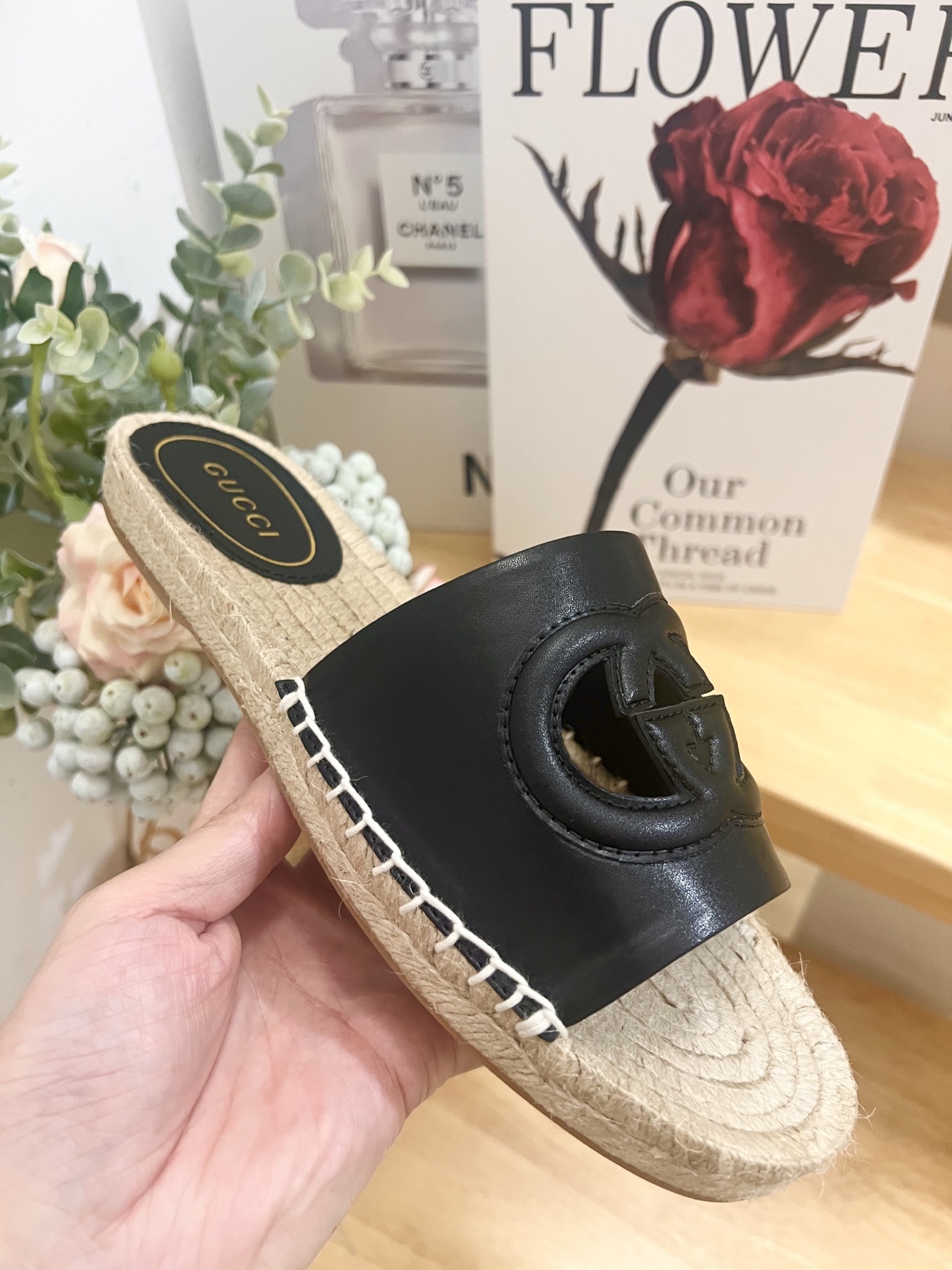 Gucci Leather Espadrille Slide Sandal with Interlocking G Cutout, Black 9 i1744785238392 3752 0 6