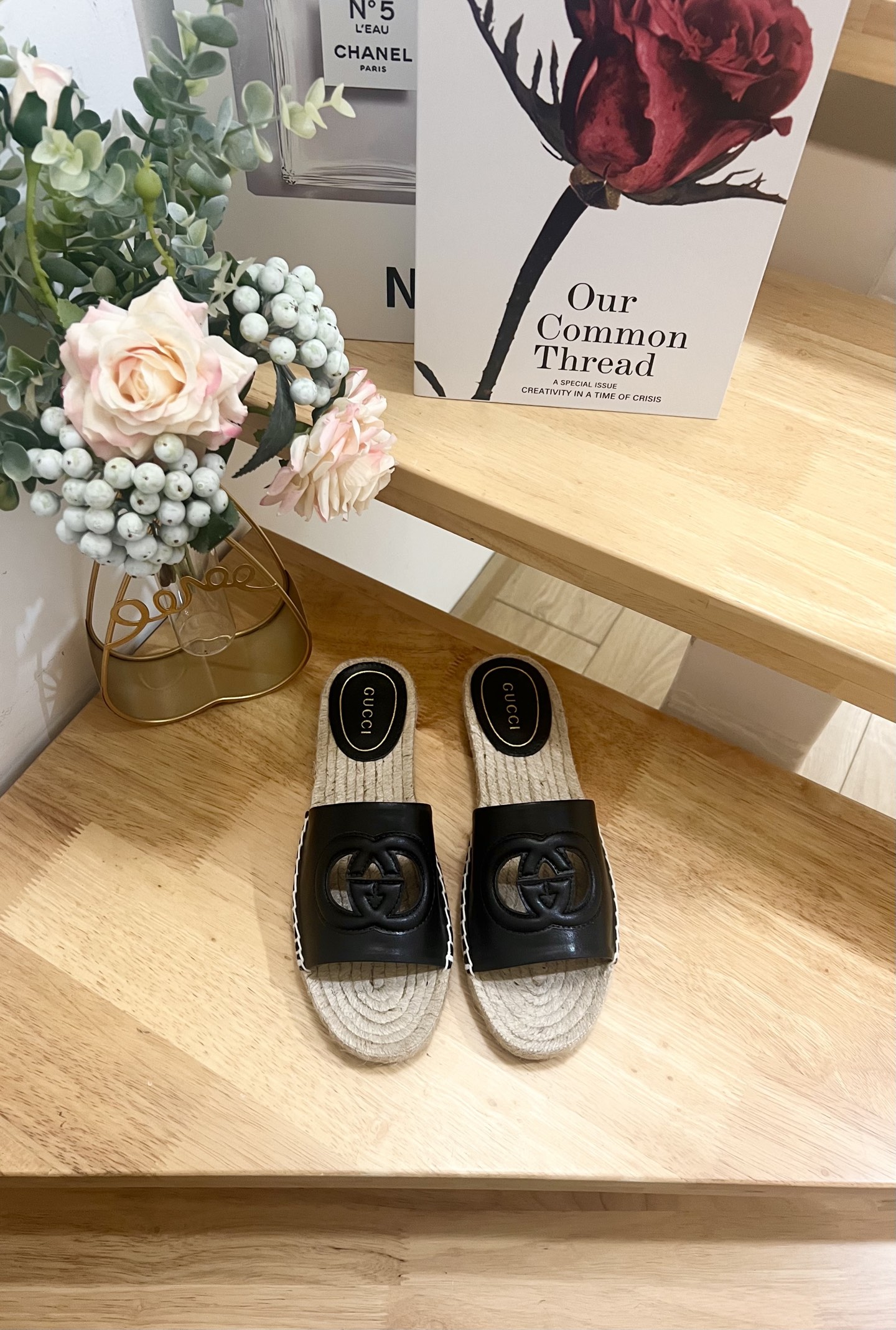 Gucci Leather Espadrille Slide Sandal with Interlocking G Cutout, Black 3 i1744785239948 172 0 0
