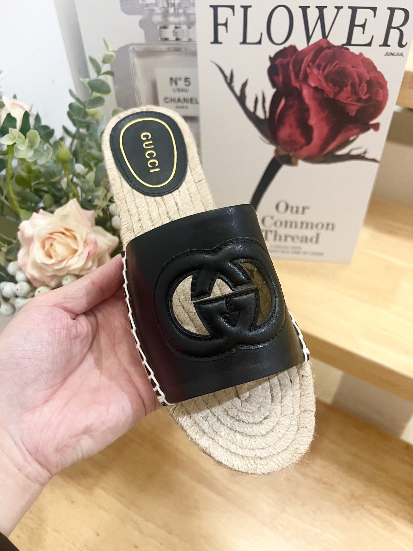 Gucci Leather Espadrille Slide Sandal with Interlocking G Cutout, Black 1 Gucci Leather Espadrille Slide Sandal with Interlocking G Cutout, Black