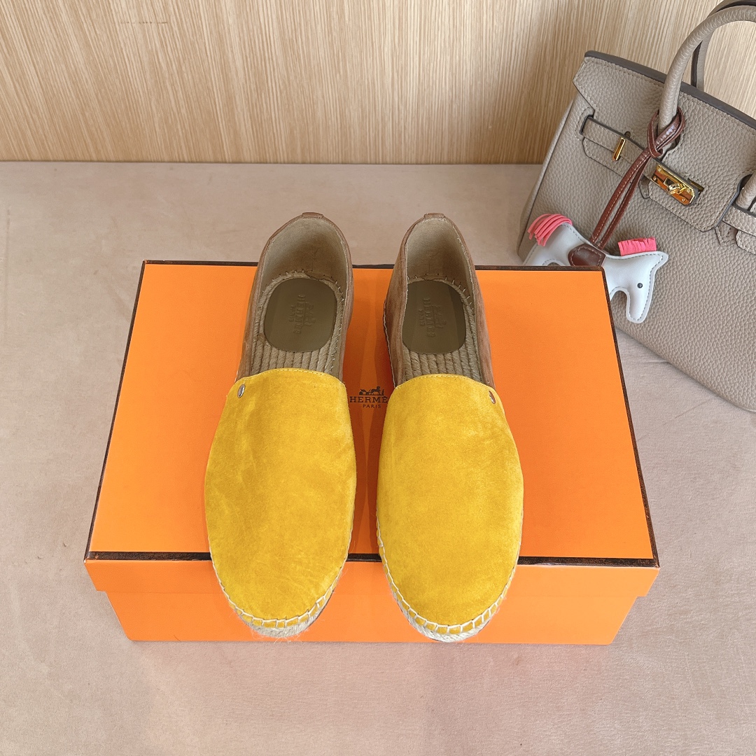 Hermes Sapatos Alpargatas Chamas Couro genuíno Tecido de palha Colecção Primavera Fashion