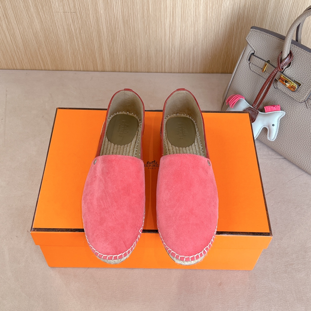 Hermes Sapatos Alpargatas Chamas Couro genuíno Tecido de palha Colecção Primavera Fashion