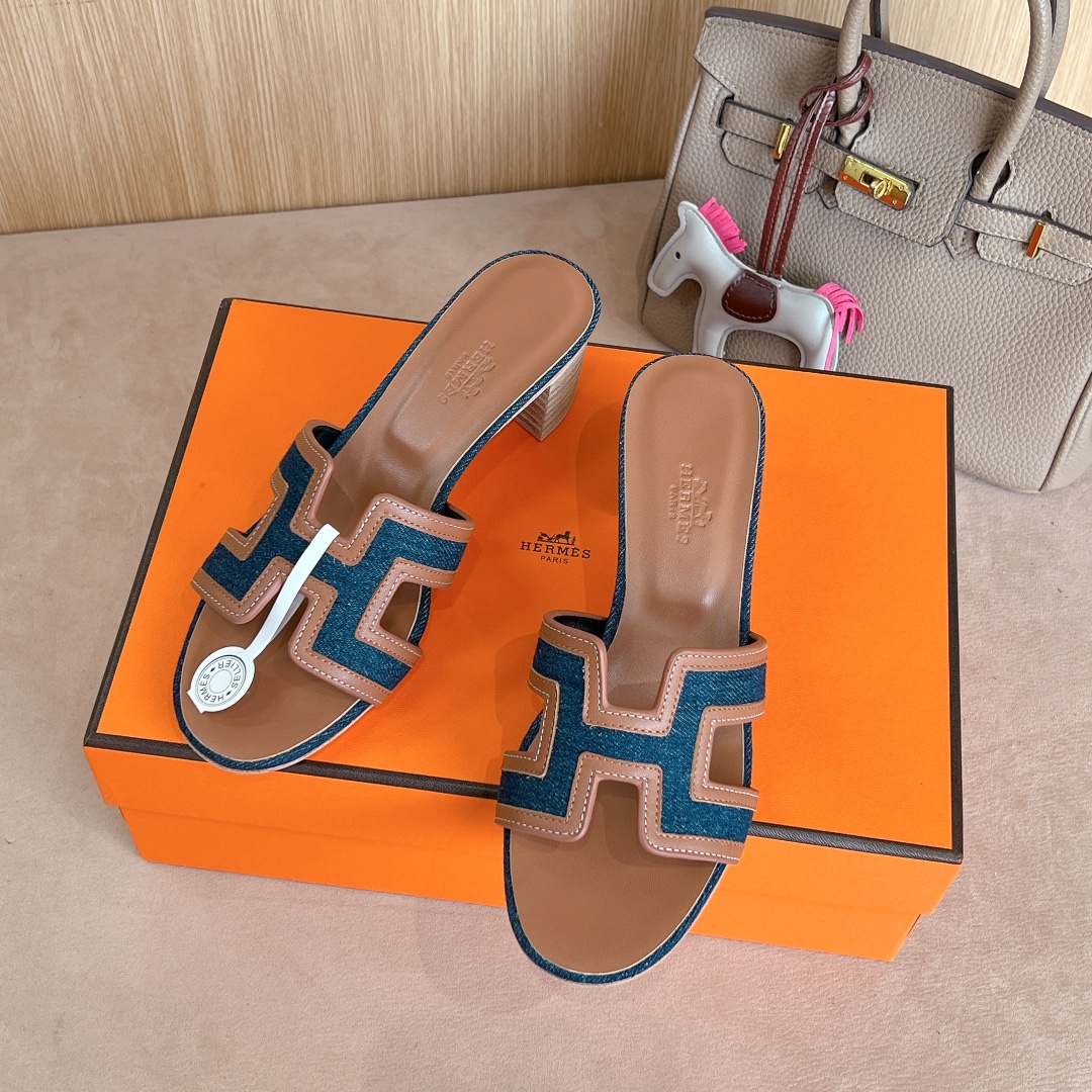 Hermes Oasis Heeled Sandals,H Logo,Denim and Leather,Size 35-39,New Color 4 i1726309975 5896 3