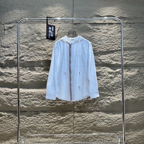 Thom Browne Men's White Oxford Cloth Hooded Shirt with Tricolor Stripe 1 Thom Browne Men's White Oxford Cloth Hooded Shirt with Tricolor Stripe