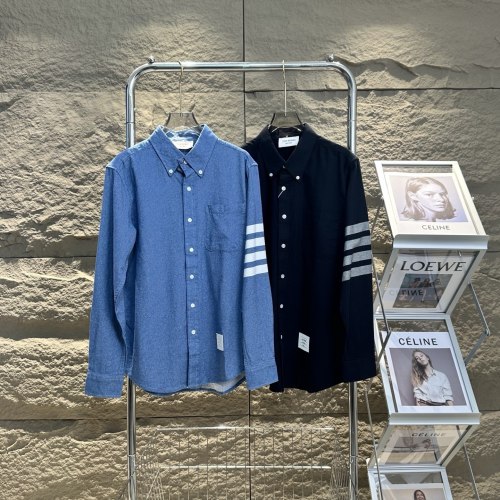 Thom Browne Denim Shirt Four-Bar Design, Long Sleeve Cotton Casual Shirts 1 Thom Browne Denim Shirt Four-Bar Design, Long Sleeve Cotton Casual Shirts