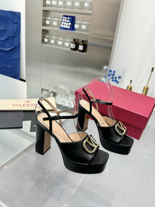 Valentino Garavani Women's Black Leather Platform Sandals with Metal Logo 1 Valentino Garavani Women's Black Leather Platform Sandals with Metal Logo