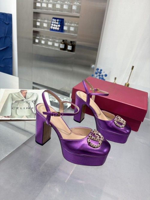 Valentino Metallic Leather Platform Sandals with Rhinestone Logo, Purple 1 Valentino Metallic Leather Platform Sandals with Rhinestone Logo, Purple