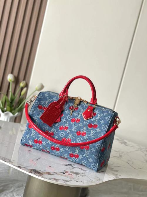Louis Vuitton Speedy 18 Bandoulière Denim Cherry Print Satchel Bag 1 Louis Vuitton Speedy 18 Bandoulière Denim Cherry Print Satchel Bag