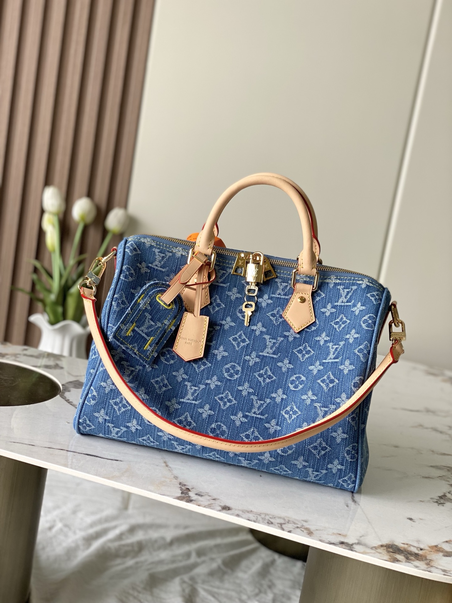 Número de modelo P500 M14430 azul denim, pedido original superior, herrajes de semiacero, chip 163c01, bolso de mano de…