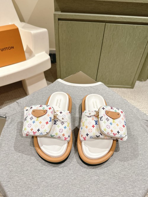 Louis Vuitton Multicolor Leather Slide Sandal with Mini Detachable Wallet 1 Louis Vuitton Multicolor Leather Slide Sandal with Mini Detachable Wallet