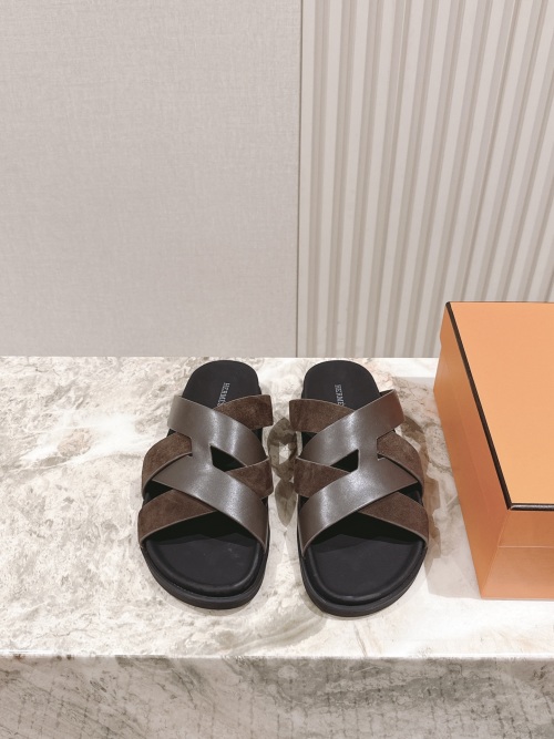 Hermes Men's and Women's Suede and Leather Slide Sandals, Couple Style 1 Hermes Men's and Women's Suede and Leather Slide Sandals, Couple Style